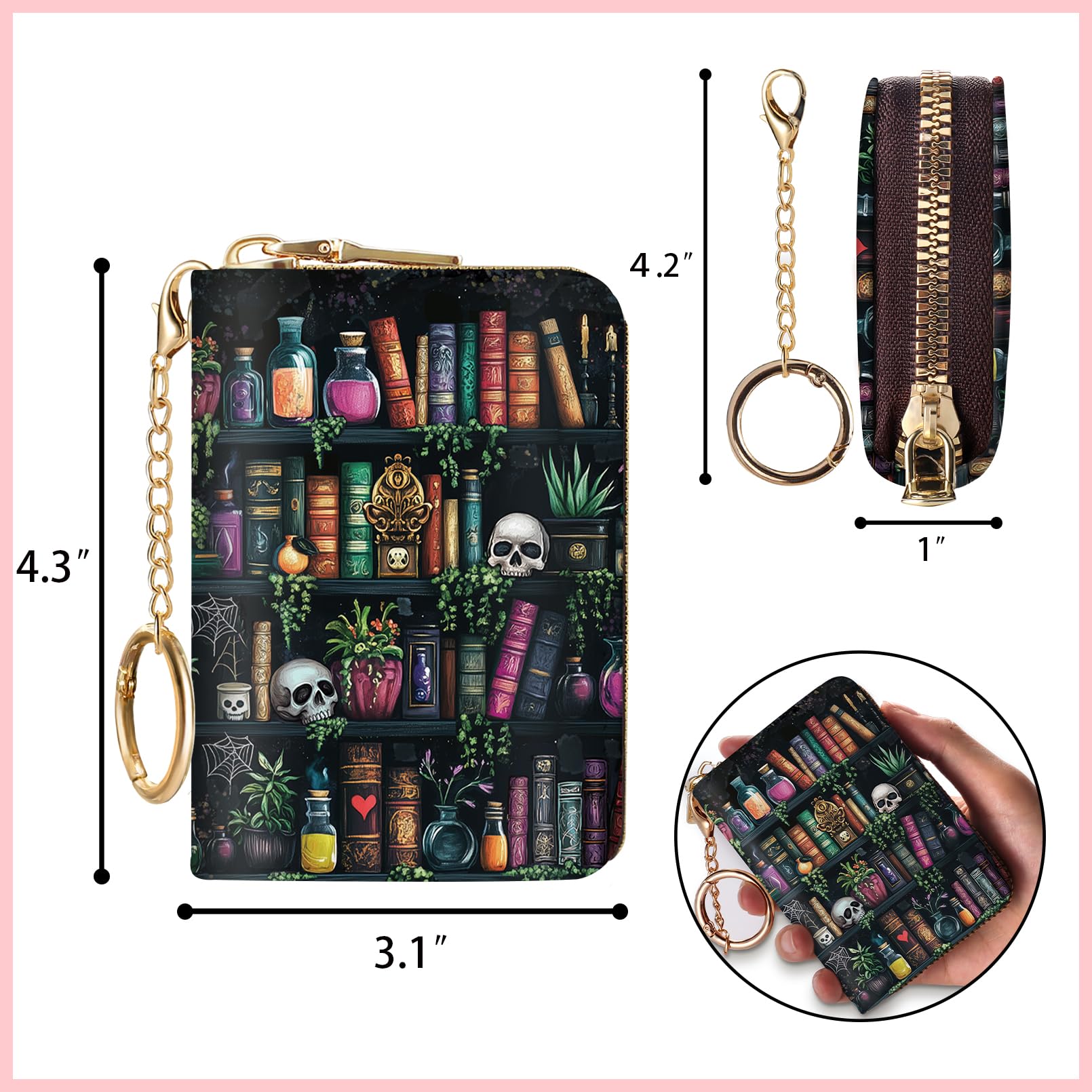 Blusabaca  Credit Card Holder for Women, Gothic Floral Small RFID Wallet with Zipper, Card Keychain Wallet, Leather Wallet Card Case, Business Accordion Wallet Gift: Bookshelf and Skull
