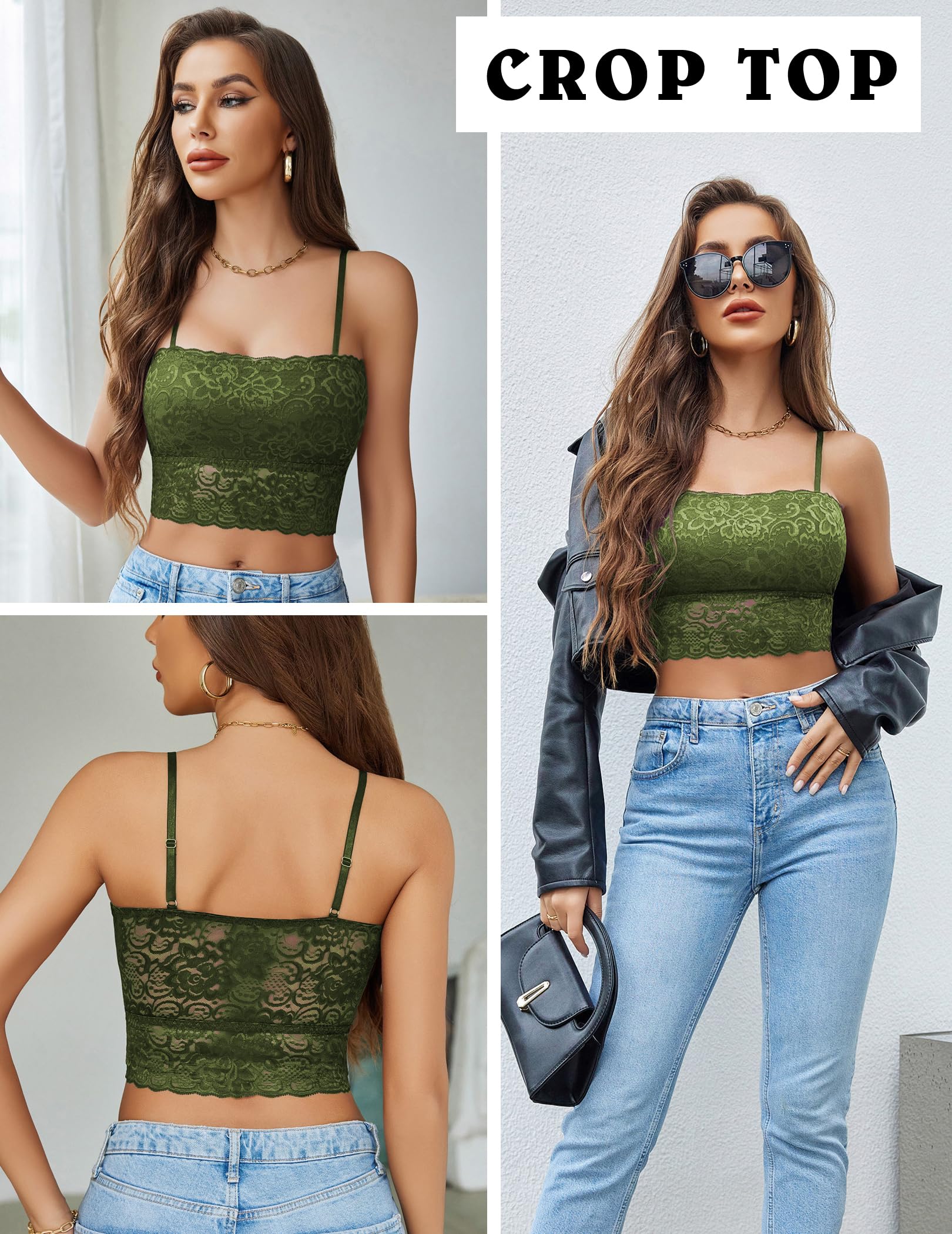 Avidlove Bralettes for Women Lace Spaghetti Strap Tank Top Tube Slim Basic Camisole: Small Army Green