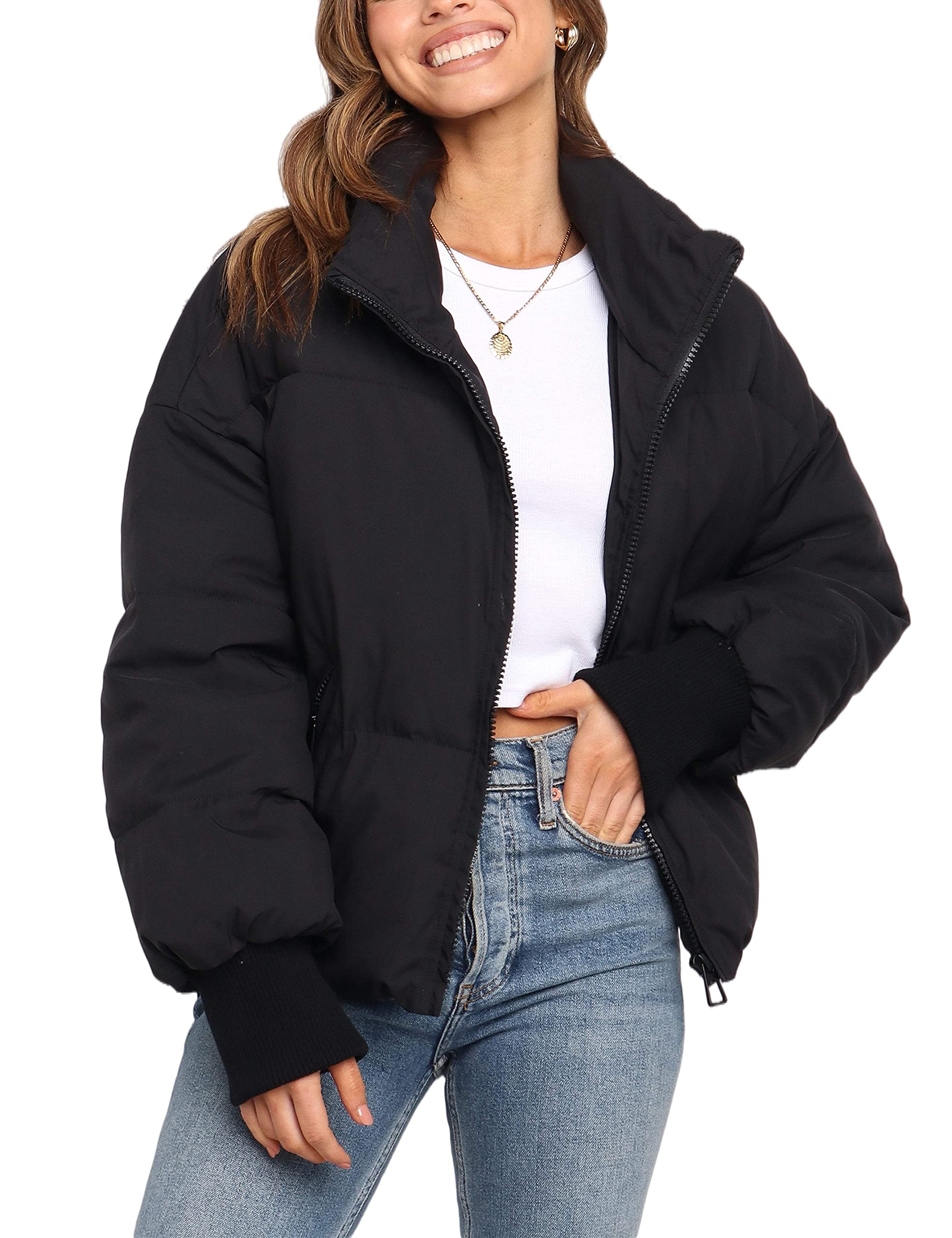 Lianlive Womens Cropped Puffer Jacket Oversized Black Short Puffy Winter Coat thumbnail 1