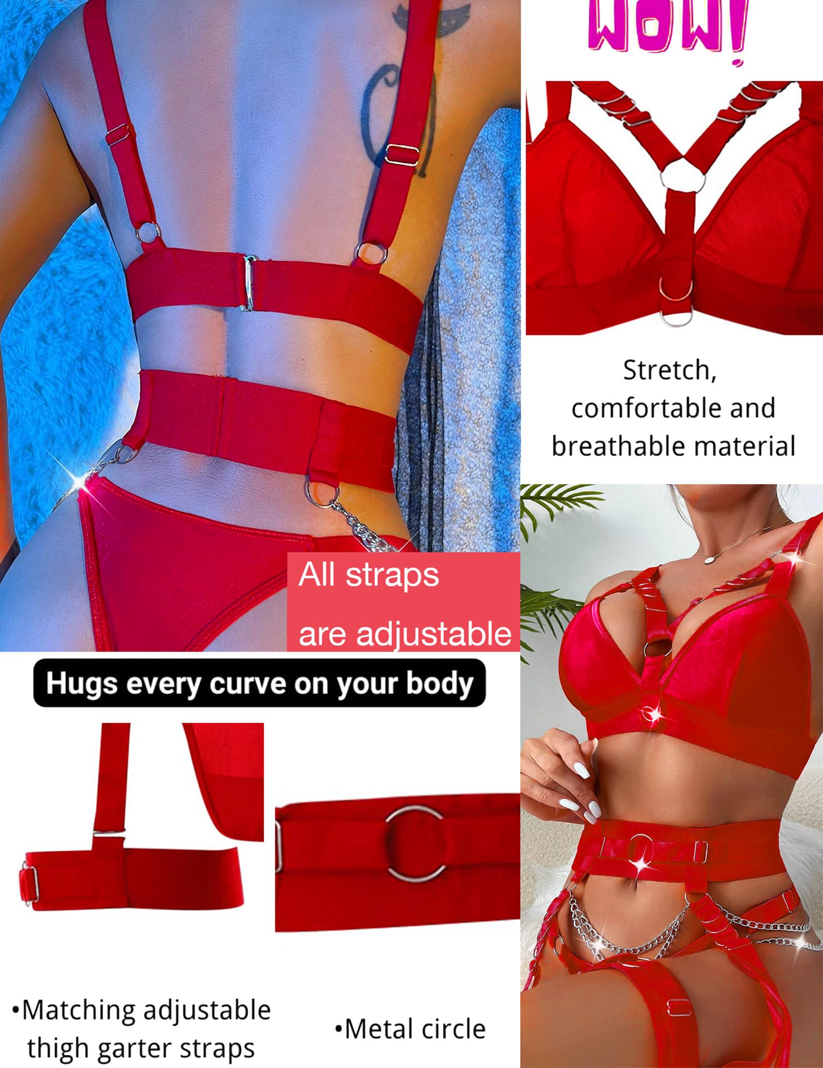 Sexy Lingerie Set For Women With Garter Belt 5 Pieces Strappy Bra and Panty Set Adjustable With Chain: Small Red