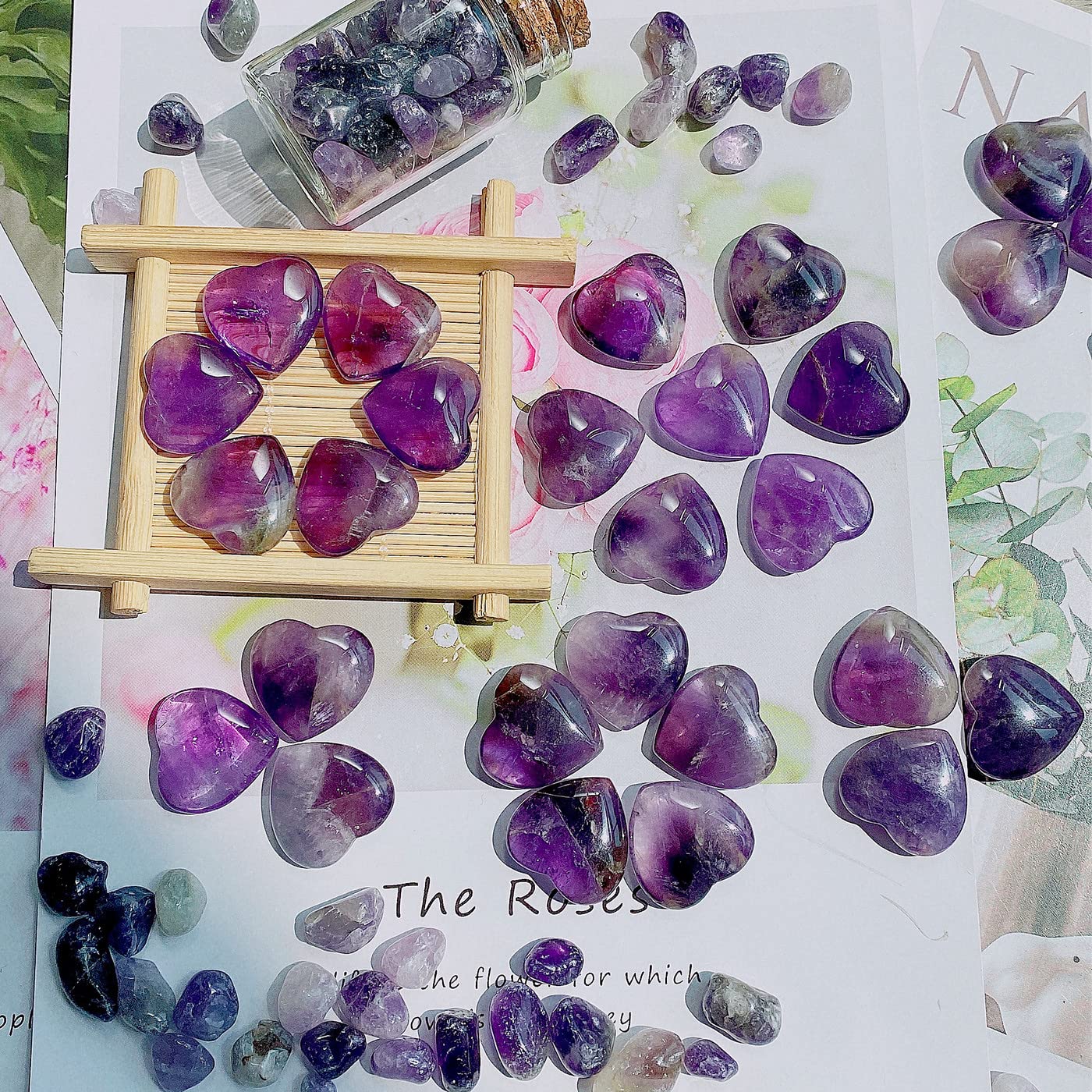 20 PCS Rose Quartz Heart Crystals Natural Crystal Polished Healing Cute Mini Pocket Stones Palm Thumb Love Gemstones Set Bulk Wholesale Reiki Energy Balancing Meditation Pink Heart Gifts for Mother Women: Amethyst - 20PCS