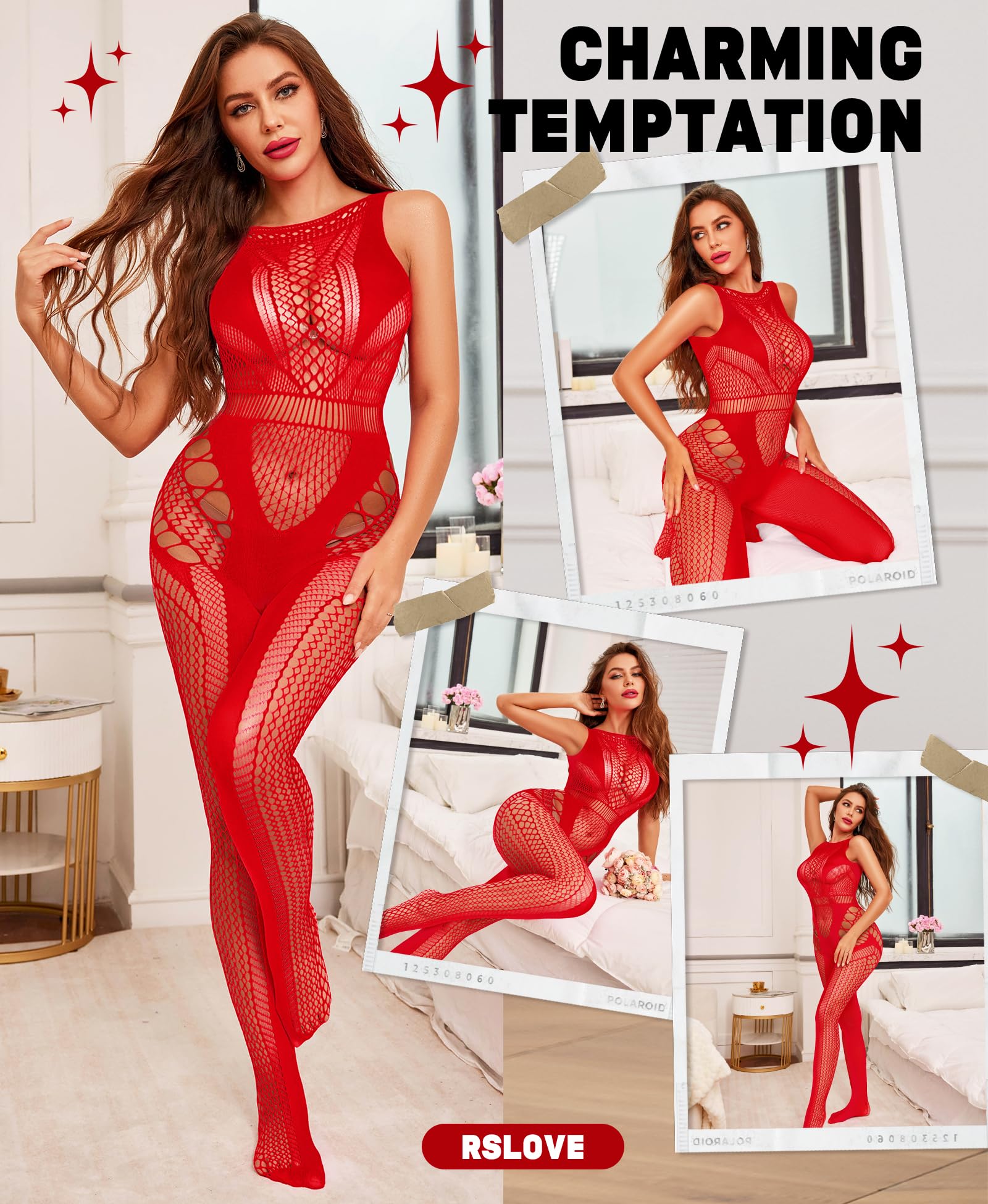RSLOVE Sexy Lingerie Exotic Bodystocking - Fishnet Cut Out Lingerie Mesh Bodysuit One Piece Babydoll Rave Outfits: Red