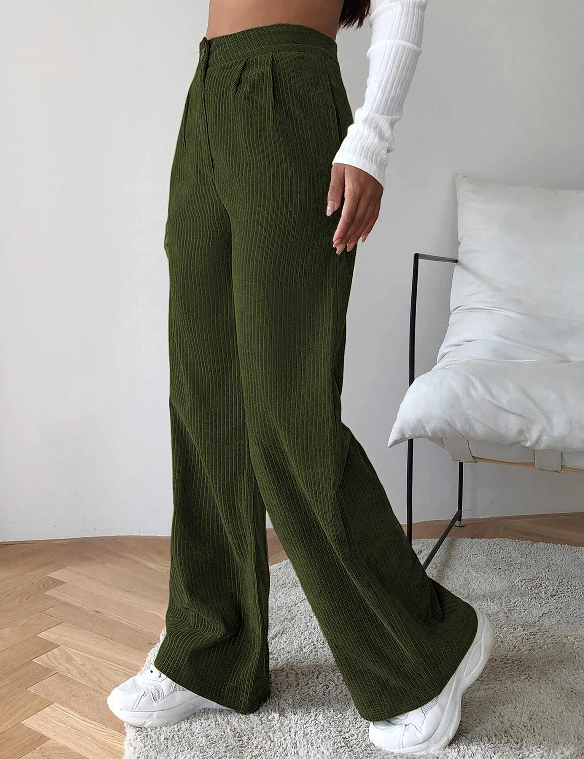 Himosyber Corduroy Pants for Women Casual Elastic High Waist Stretchy Wide Leg Pants Loose Fit Comfy Trousers with Pockets thumbnail 3