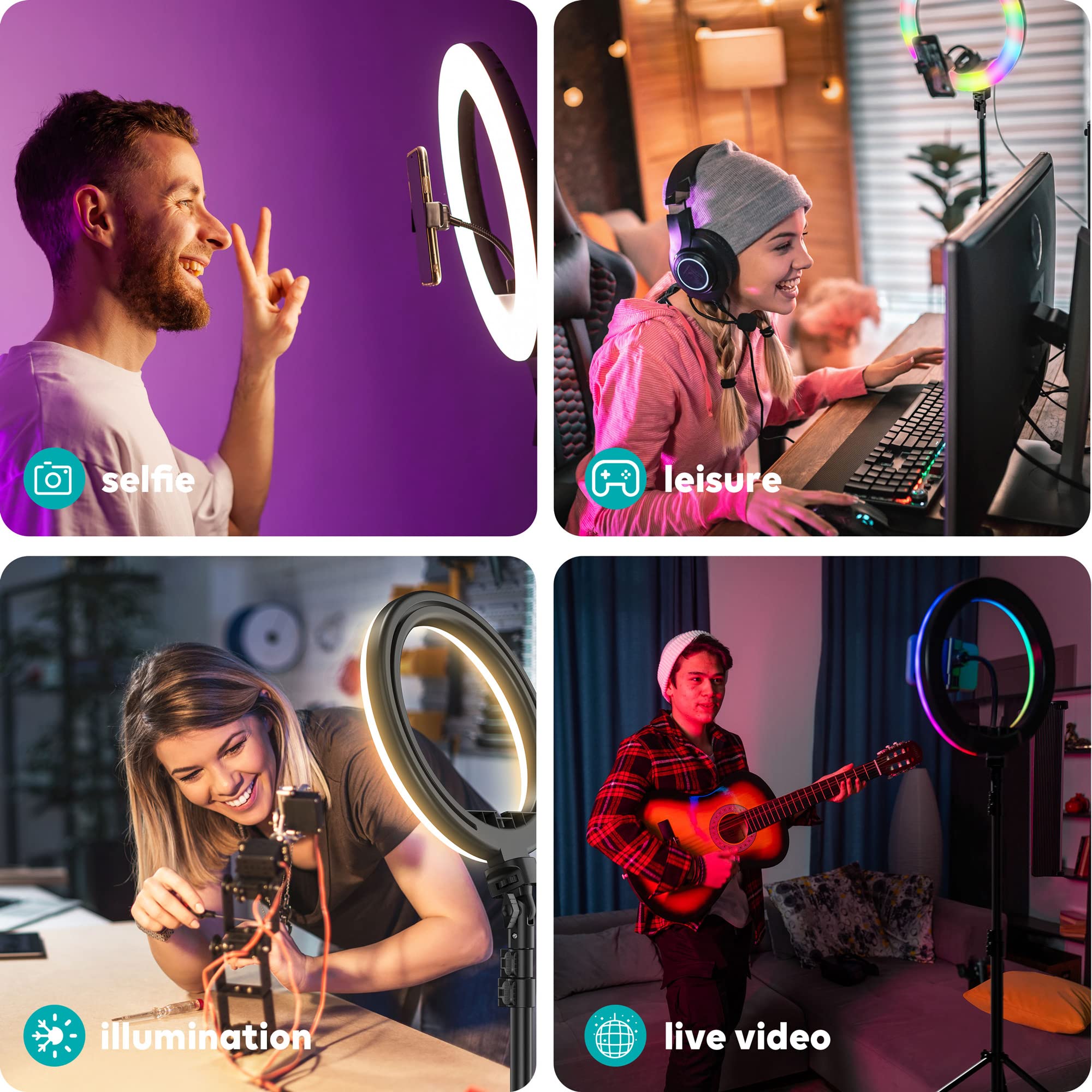 Weilisi 12" Selfie Ring Light with 63" Tripod Stand, Dimmable LED Ring Light with Phone Holder and Wireless Remote, [2-in-1] RGB & Selfie Stick for Photography/Makeup/Live Stream/YouTube: 10&apos;&apos;