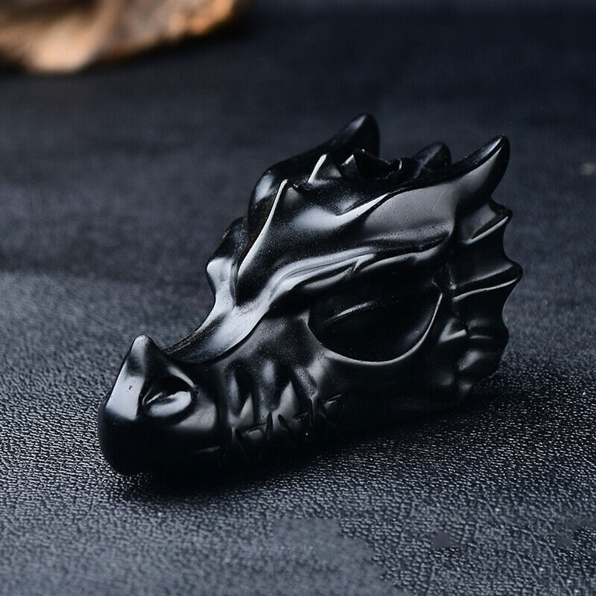 TEAMWILL 2" Natural Obsidian Crystal Dragon Head Statue Realistic Black Dragon Head Figurines Animal Sculpture Stone Statue Decor