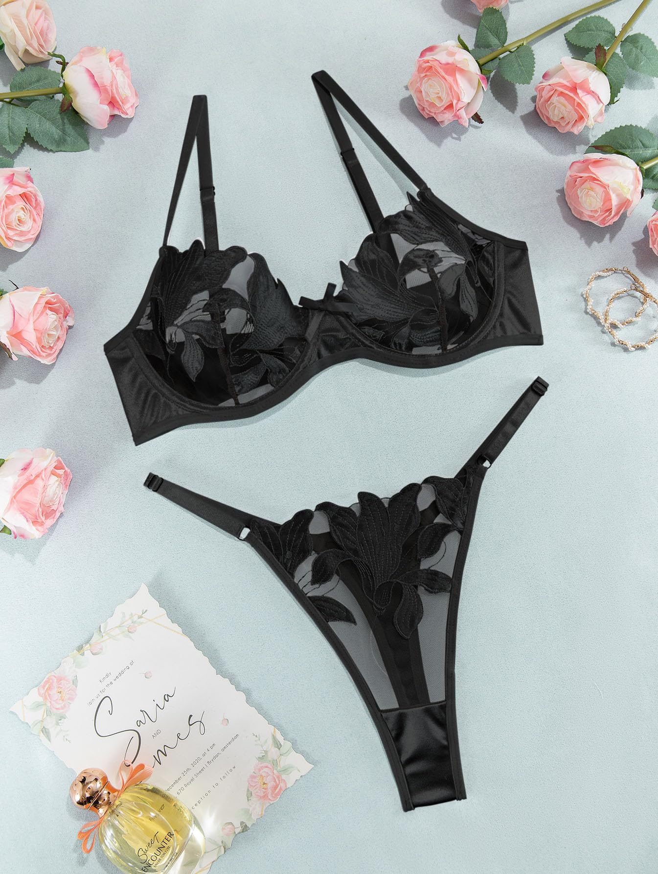 Lilosy Sexy Satin Mesh Floral Sheer Embroidered Underwire Lingerie Set 2 Piece Women thumbnail 5