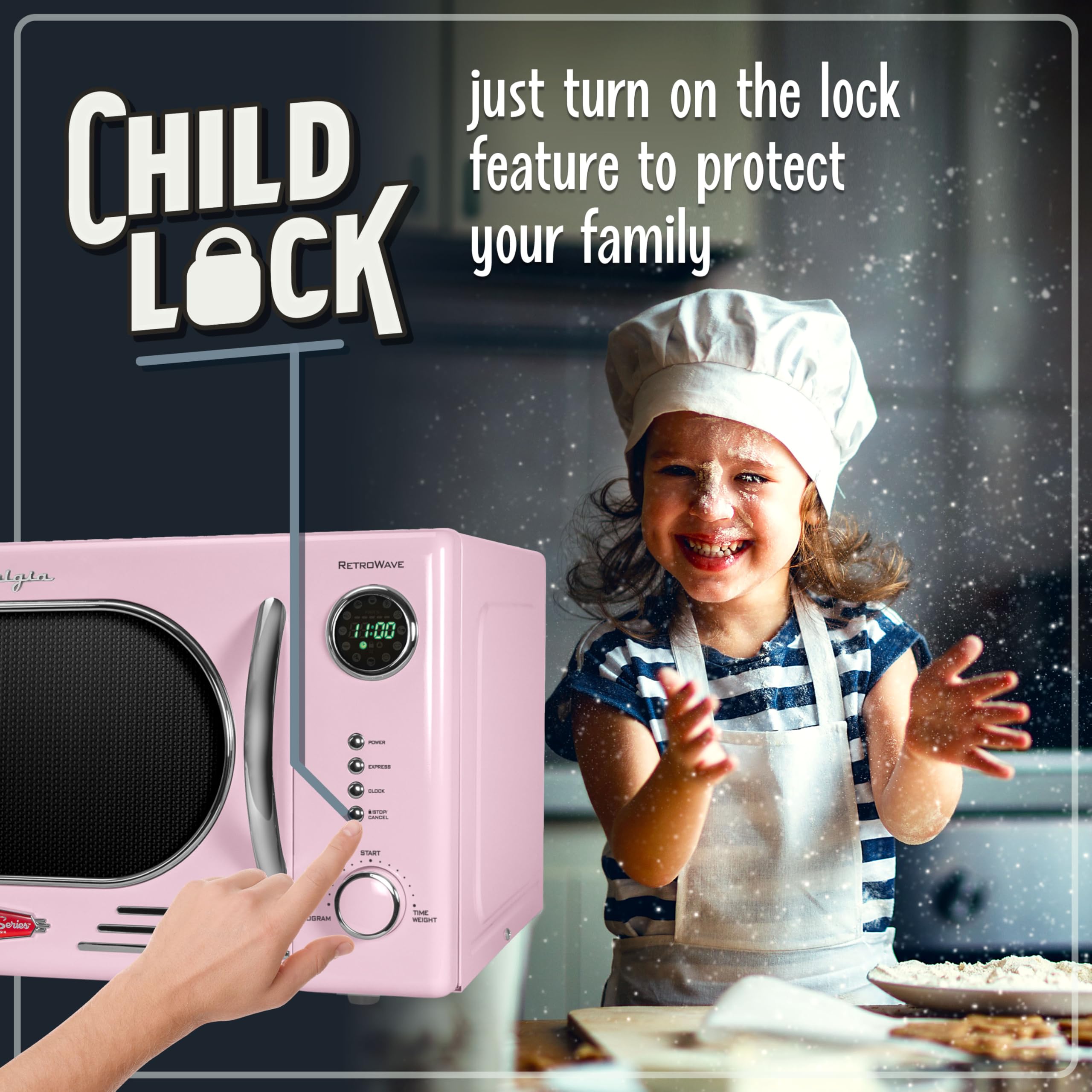 Nostalgia NRMO11PK6A 1000 Watt Power Retro Countertop Microwave Oven Easy to Clean with Removable Glass Turntable-Child Safety Lock-12 Programs-Digital Clock, 1.1 Cu Ft, Pink