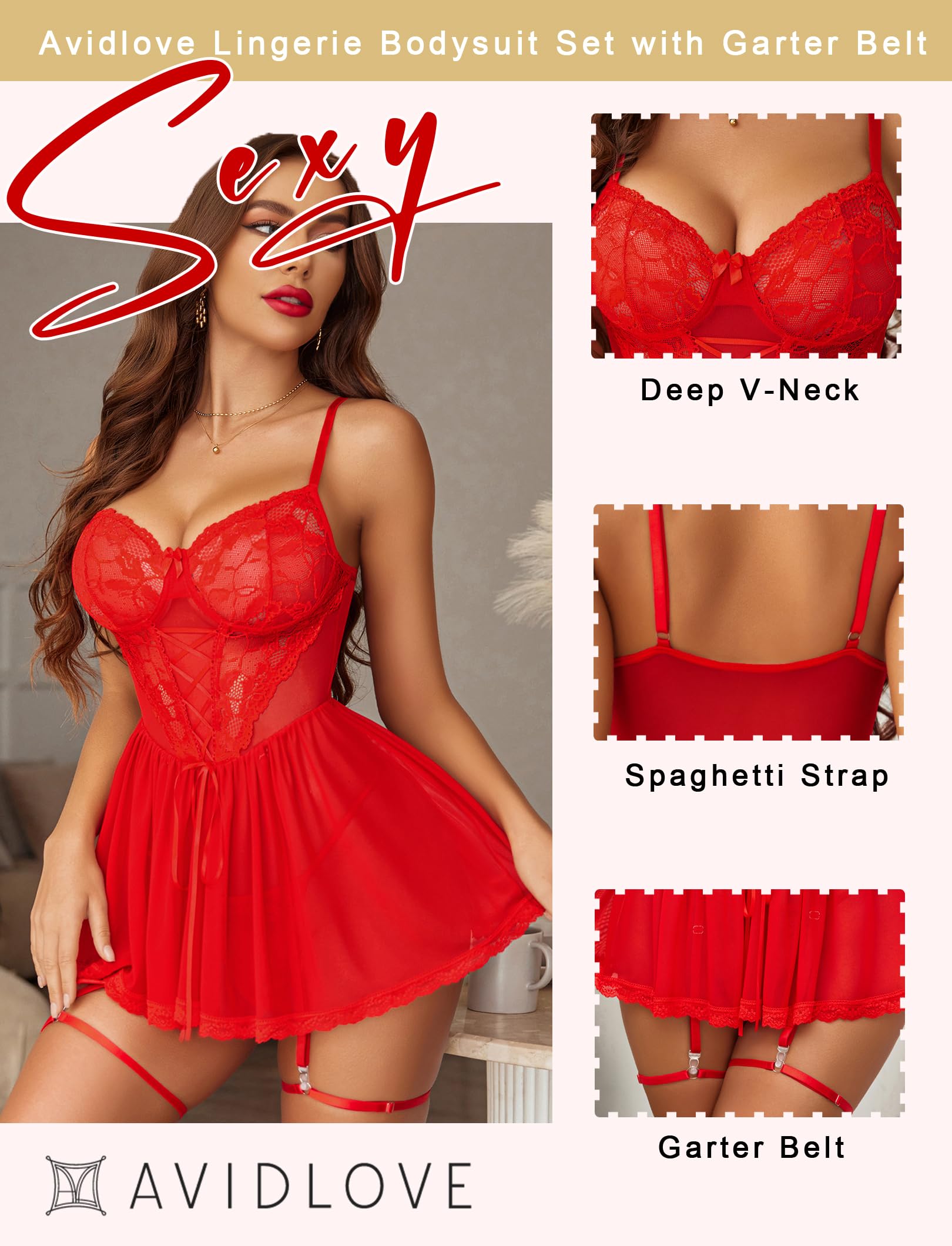 Avidlove Lingerie for Women Sexy Lace Babydoll Mesh Chemise Boudoir Nighty with Garter Belt: Large Red
