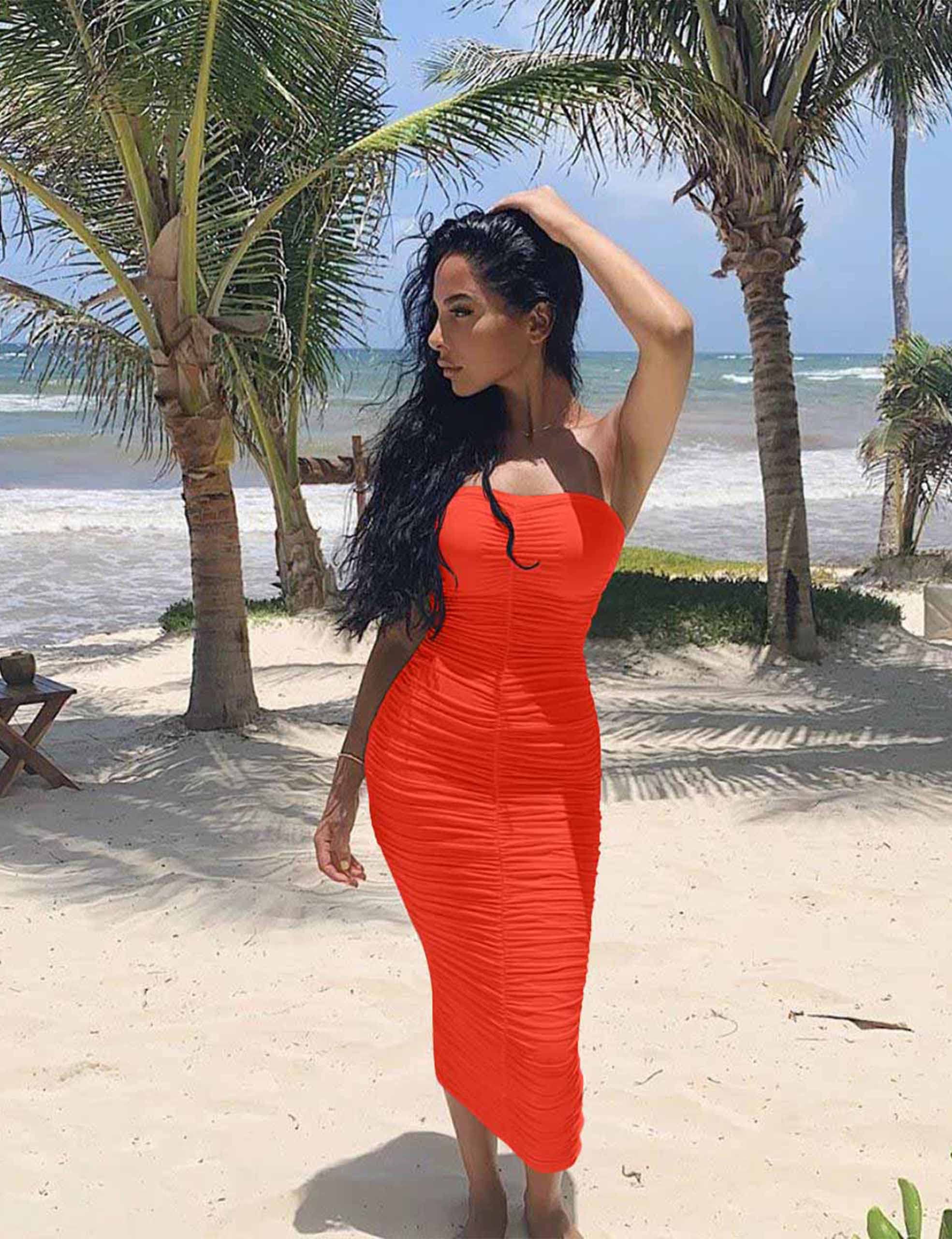 BEAGIMEG Women's Sexy Ruched Strapless Bodycon Tube Maxi Long Club Dress