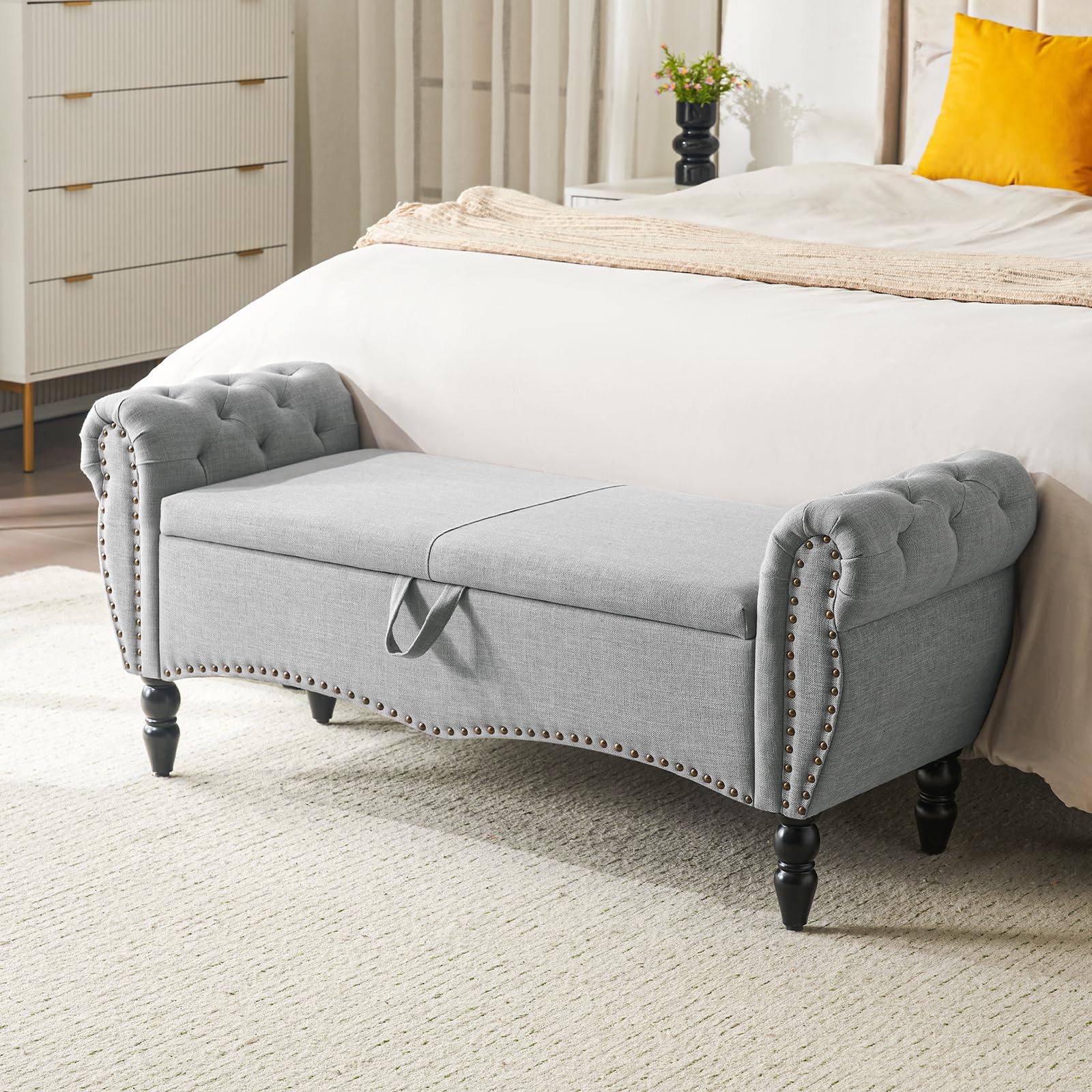 Furniliving Storage Ottoman Bench, Leather Benches End of Bed Bench with Solid Wood Legs Upholstered Ottoman Bench with Storage Indoor Bench for Living Room with Rolled Arm, Entryway, YellowBrown: Grey-1 51-inch