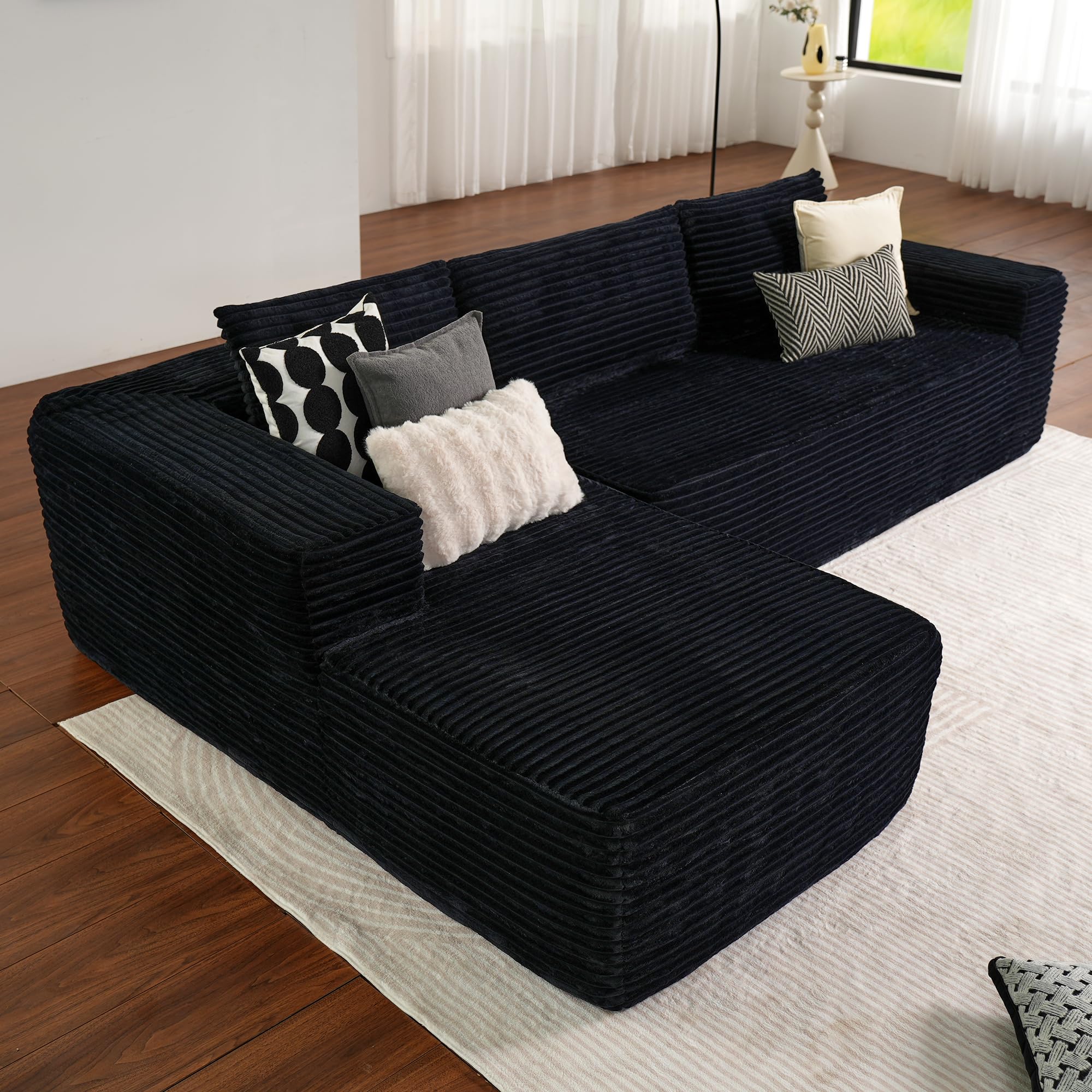 ovios 104" Cloud Sectional Couch with L-Shape Chaise,Modern Modular Sofa with Deep Seat, Upholstered Couches for Living Room Bedroom,No Assembly Required, Green (Cloud Velvet): Black (Plush Corduroy Fabric) L Shape with Left Facing Chaise