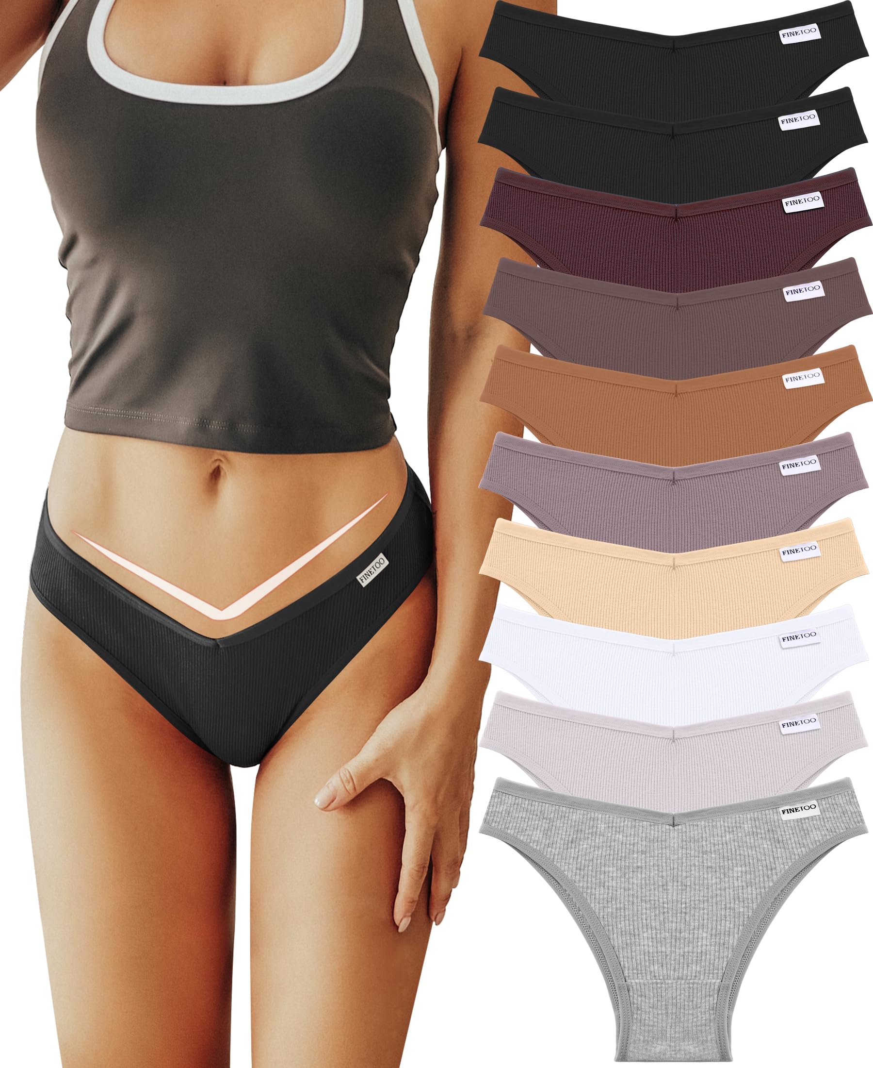 FINETOO Womens Cotton Underwear Sexy Stretch Bikini Panties Low Rise Hipster Ladies Soft V-Waist Cheeky: Medium Black &amp; White &amp; Floral Gray &amp; Mocha Gray &amp; Brick Yellow &amp; Skin &amp; Khaki &amp; Light Khaki &amp; Grape Purple