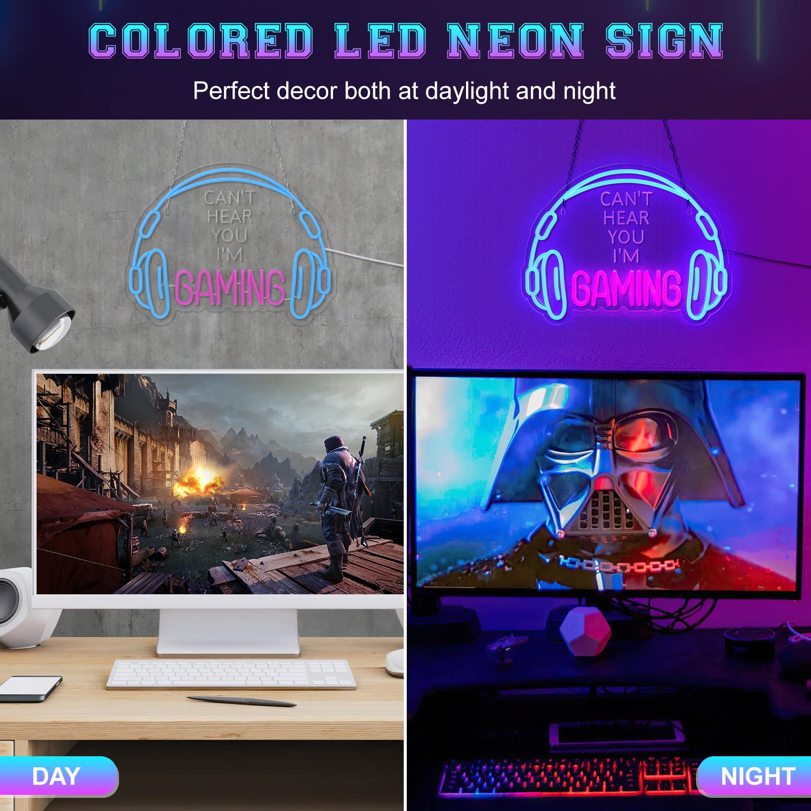 Gaming Neon Sign, Large Bright and Dimmable Colored LED Headset Gamer Neon Light and USB Powered Headphone Lightup Game Signs for Game Zone Video Room Boy Bedroom Wall Decor (): Can't Hear You I'm Gaming