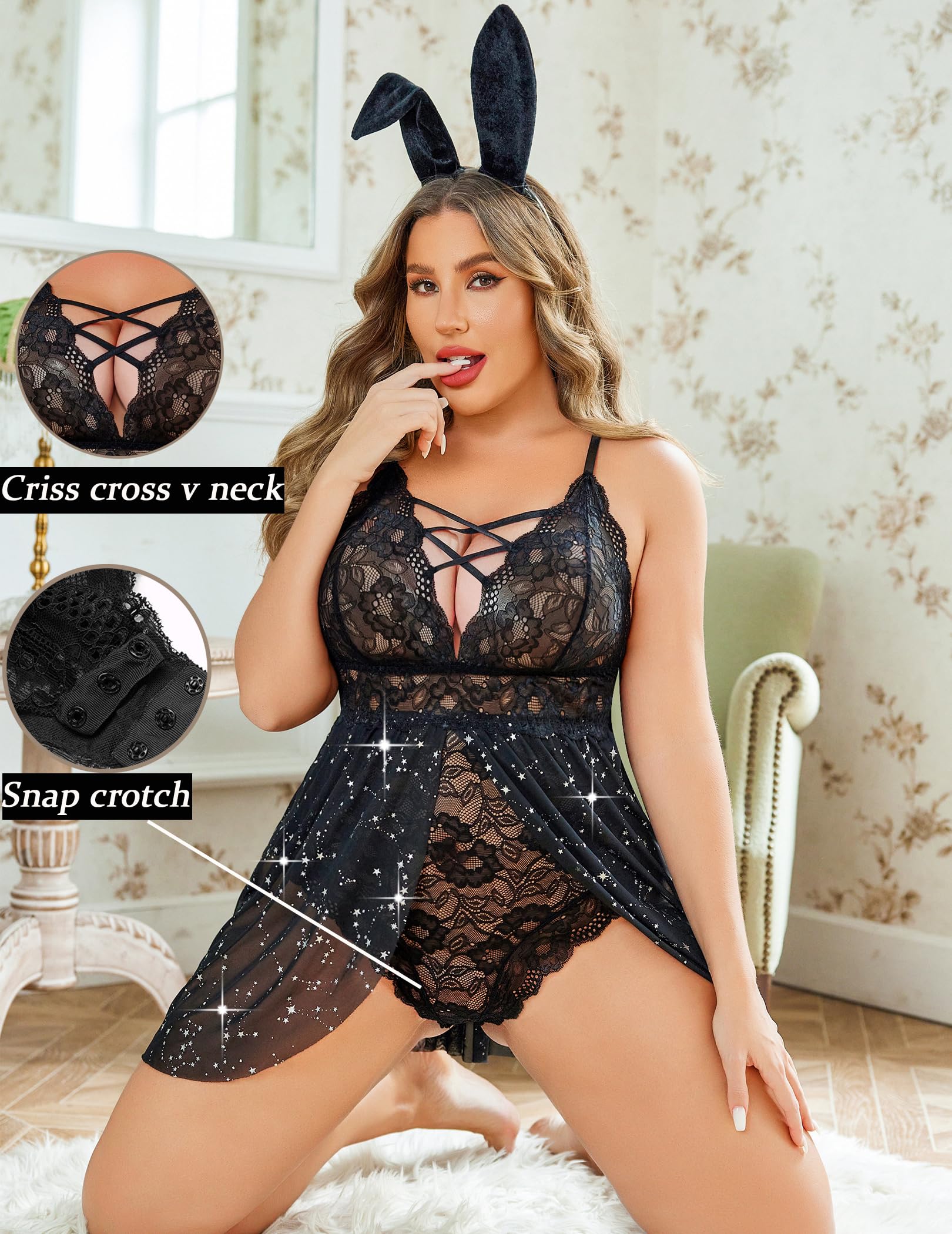 Avidlove Plus Size Babydoll Womens Snap Crotch Lingerie V Neck Lace Nighty Sleepwear L-5XL: Star Print X-Large