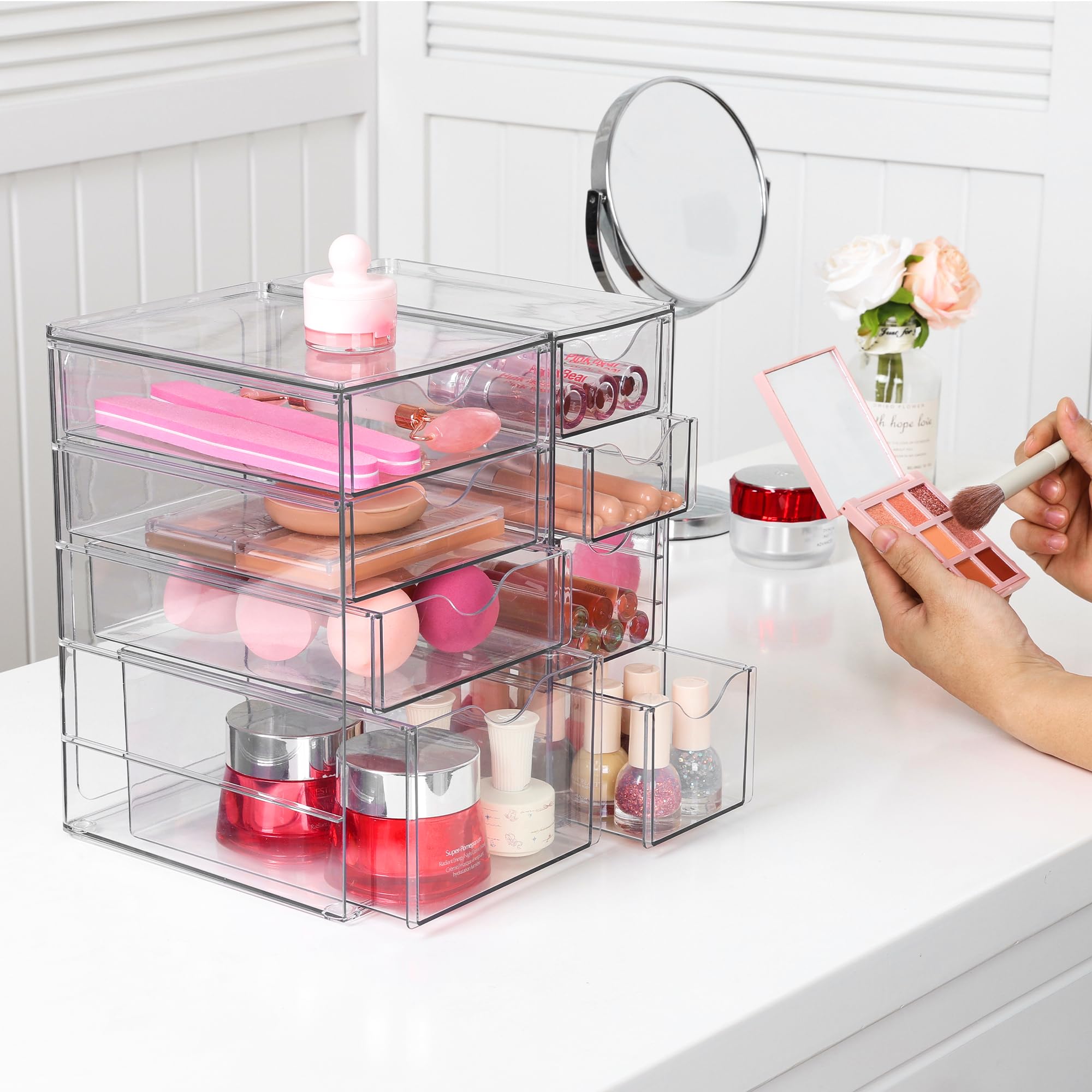 Vtopmart Acrylic Organizer with 16 Drawers (4 Set),Clear Storage Drawers for Office Supplies,Desk Organization and Storage for Makeup,Jewelry,Art Crafts