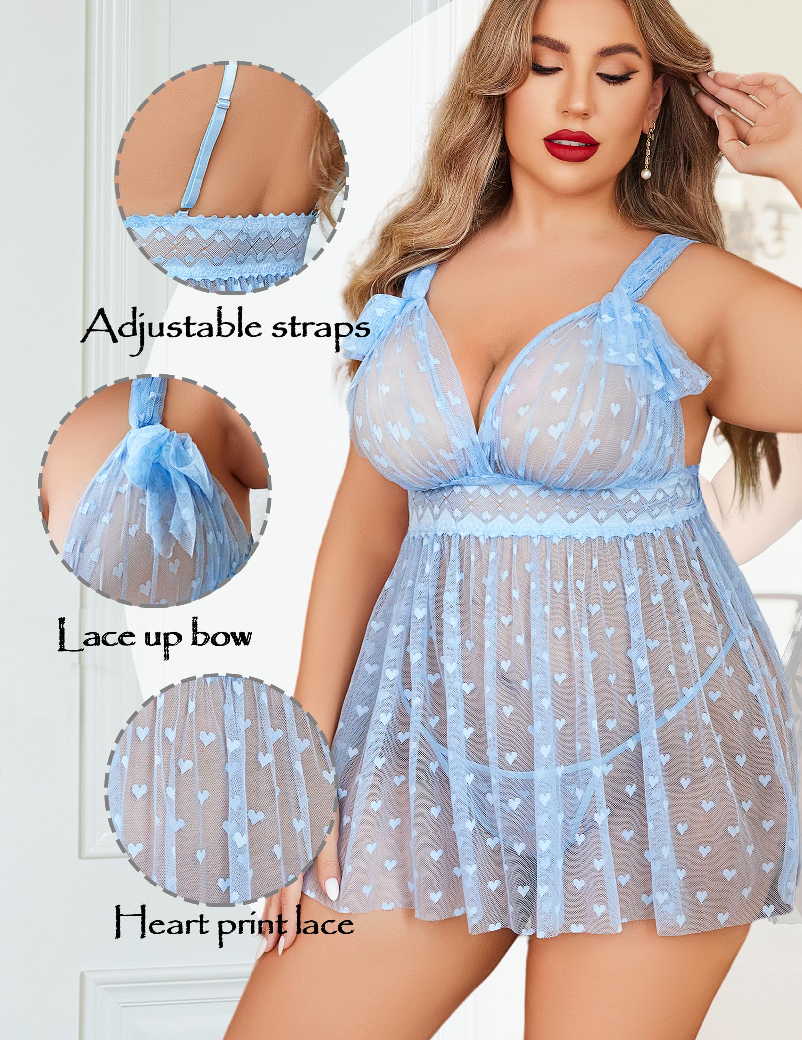 Avidlove Plus Size Lingeire for women Lace Babydoll Mesh Chemise Sexy Nightwear Sheer Nightie with Lace Up Bows L-4XL