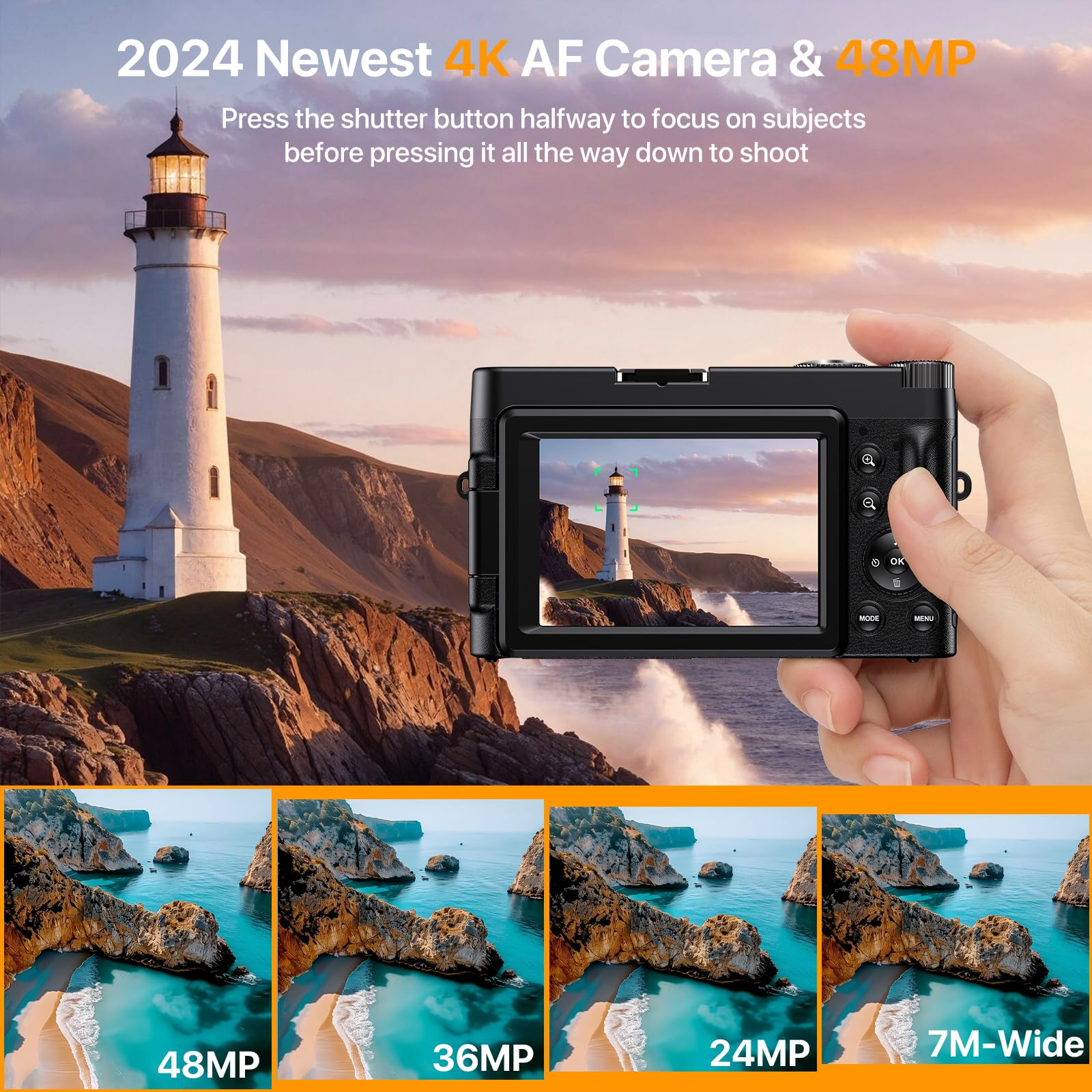 4K Digital Camera for Photography Auto-Focus Vlogging Camera for YouTube Video with 3'' 180° Flip Screen 16X Anti-Shake 4K Camera Compact Cameras with SD Card, Flash, 2 Batteries & Battery Charger thumbnail 3