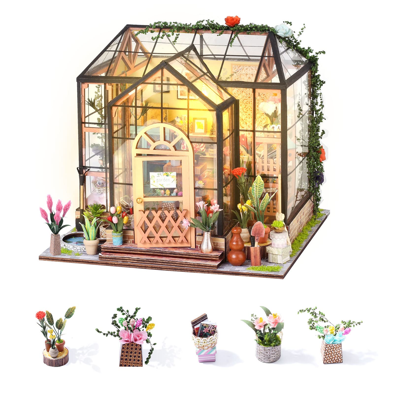 INSGEN DIY Miniature Dollhouse house Building Room Kit, Wooden Diorama Book Nook House Kits Build Crafts for Adults, Miniature Street Tiny Library House Making Kit 1:24 Scale: Green