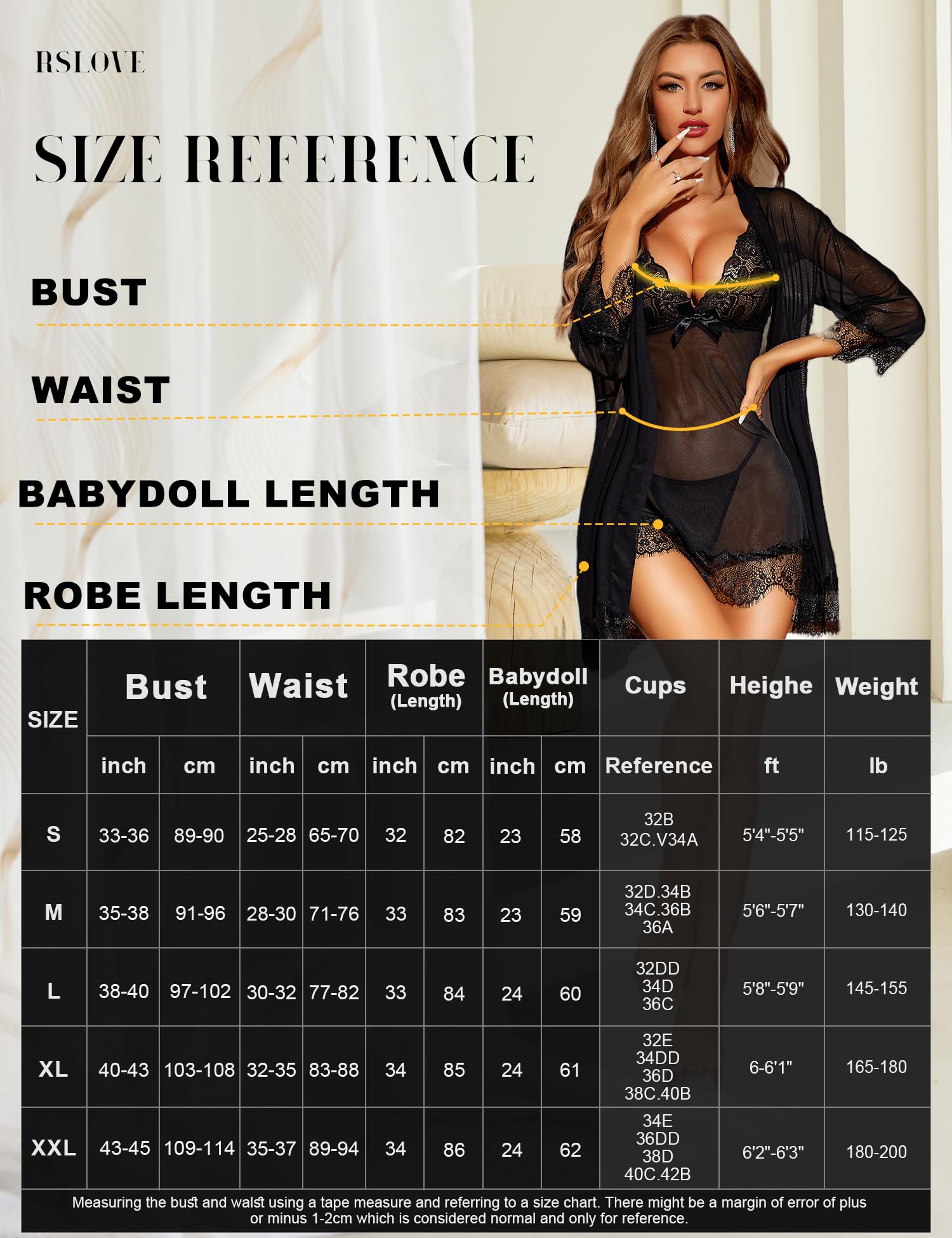 RSLOVE Women Sexy Lingerie Set 3 Piece Babydoll & Lace Kimono Robe Strap Chemise Sleepwear Mesh Nightgown: Medium Black