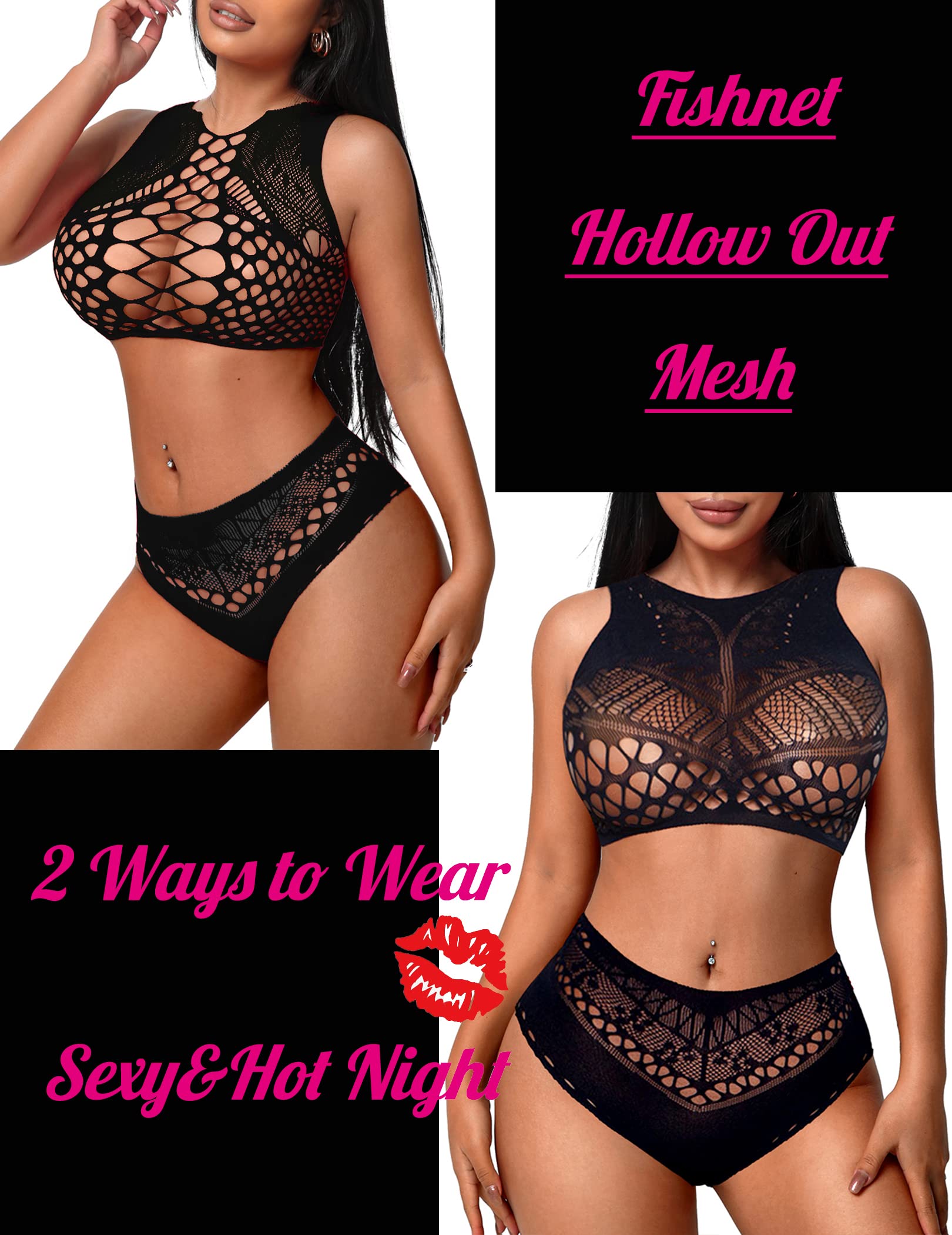 Avidlove Womens Fishnet Lingerie for Women Sexy Two Piece Lingerie Set Stripper Outfit: Black