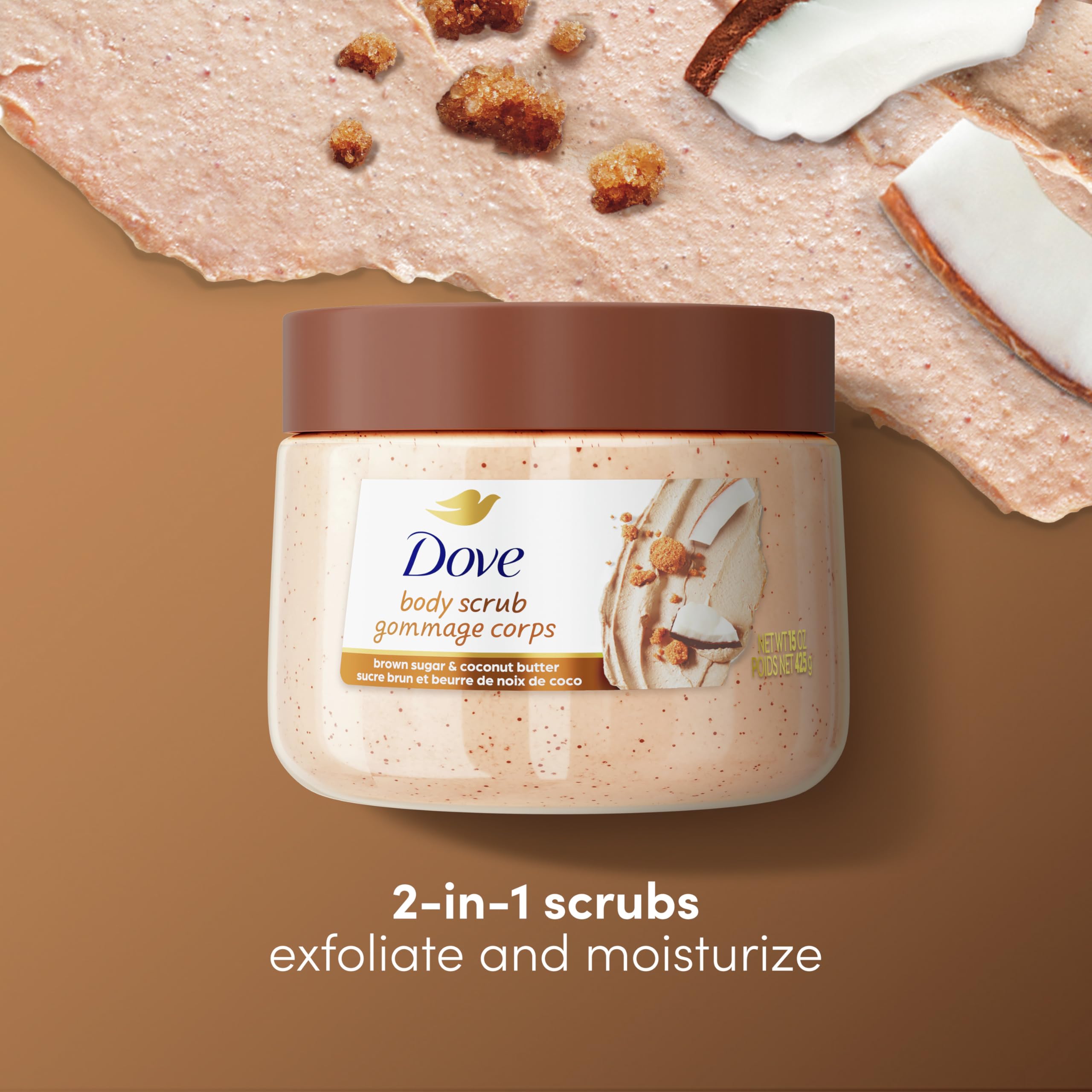 Dove White Peach & Crushed Rice Body Scrub Exfoliates and Deeply Nourishes for Smooth, Radiant Skin 15 oz: Brown Sugar and Coconut Butter 15 Ounce (Pack of 1)