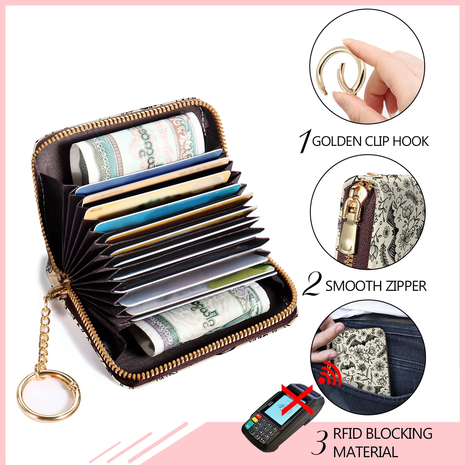 Blusabaca  Credit Card Holder for Women, Gothic Floral Small RFID Wallet with Zipper, Card Keychain Wallet, Leather Wallet Card Case, Business Accordion Wallet Gift: Goth Bat