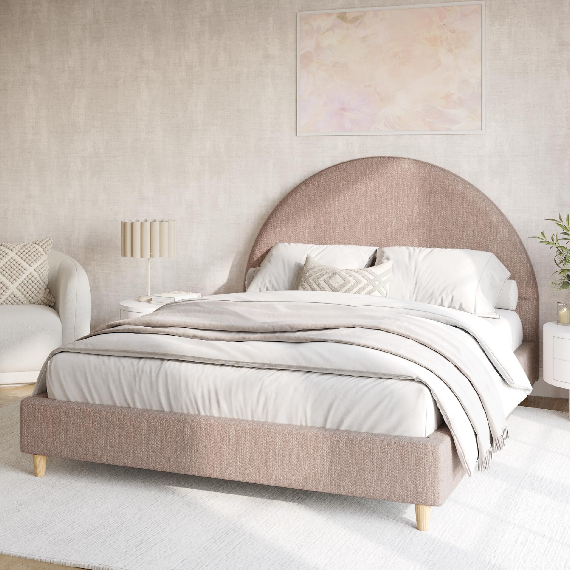 DG Casa Boucle Cloud Bed Frame with Arch Shaped Headboard, Upholstered in Soft Fabric, Platform Bed Frame with Solid Wood Legs - Boho or Modern Style - No Box Spring Needed - Queen Size