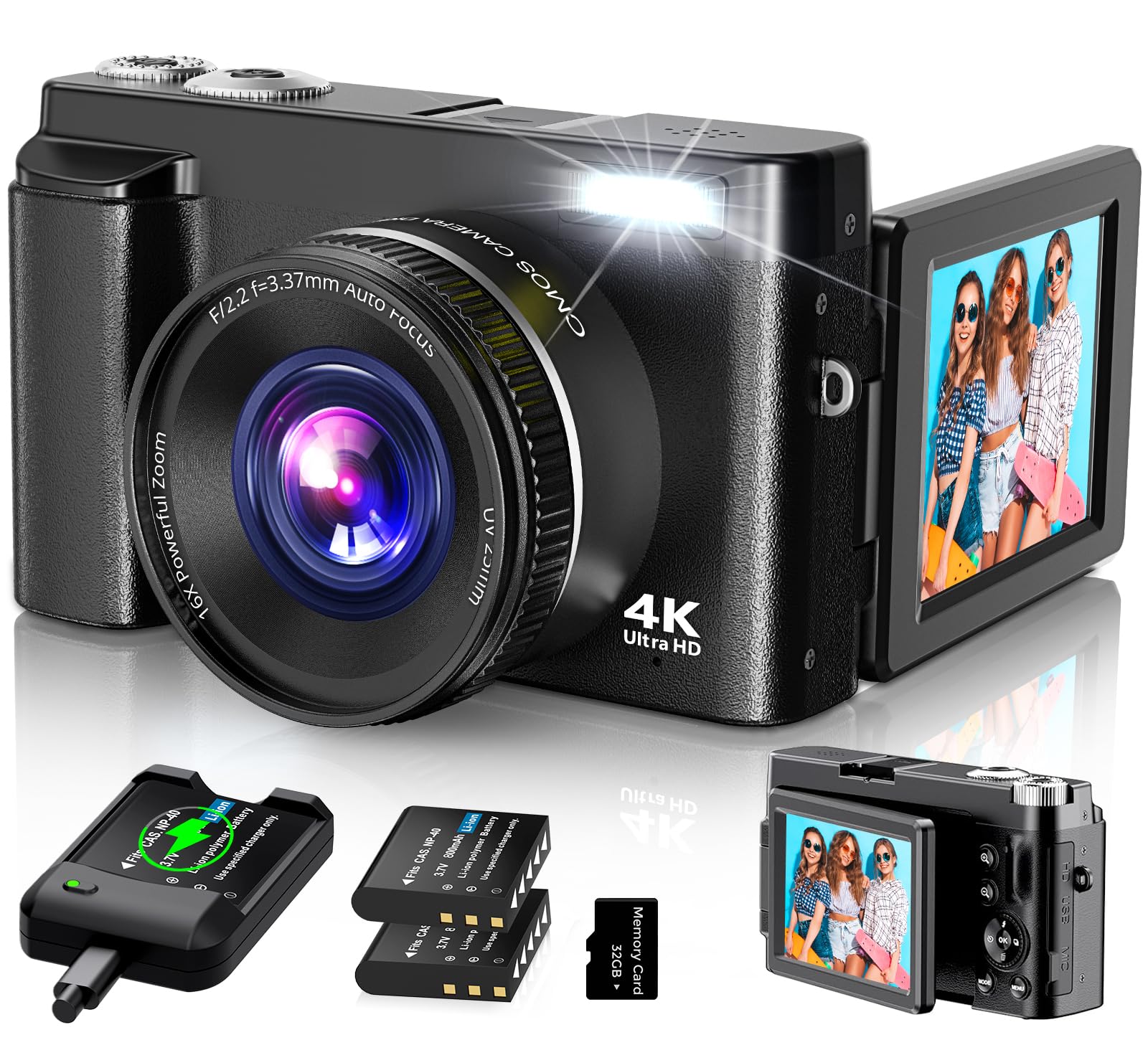 4K Digital Camera for Photography Autofocus, 2024 Latest 48MP Vlogging Camera for YouTube with SD Card, 2 Batteries, 3" 180°Flip Screen Compact Travel Camera for Teens with 16X Zoom, Anti-Shake,: Black