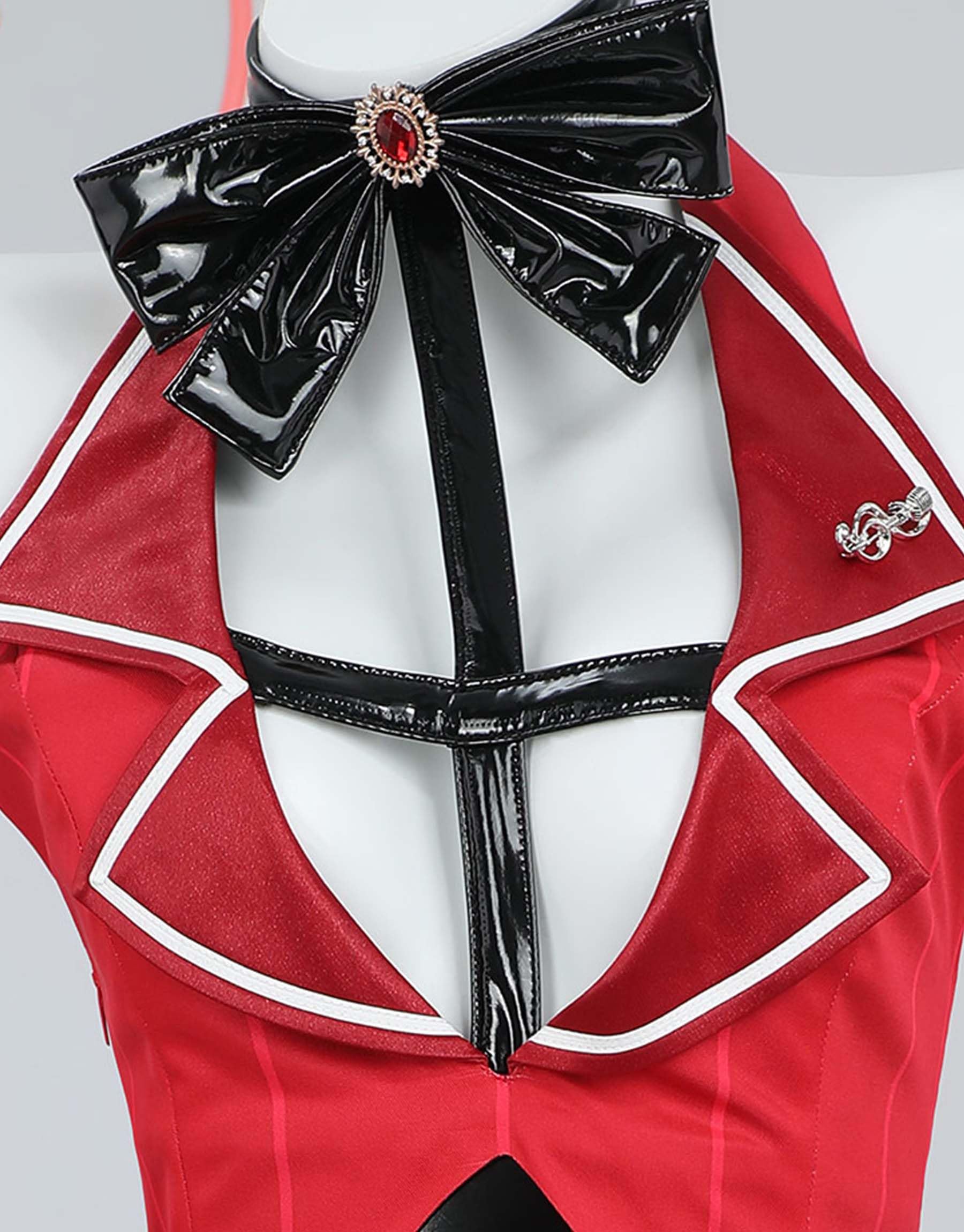 Mobbunny Women Halloween Demon Derivative Sexy Cosplay Set Black Red Hollow Bodysuit and Gloves: Small Red