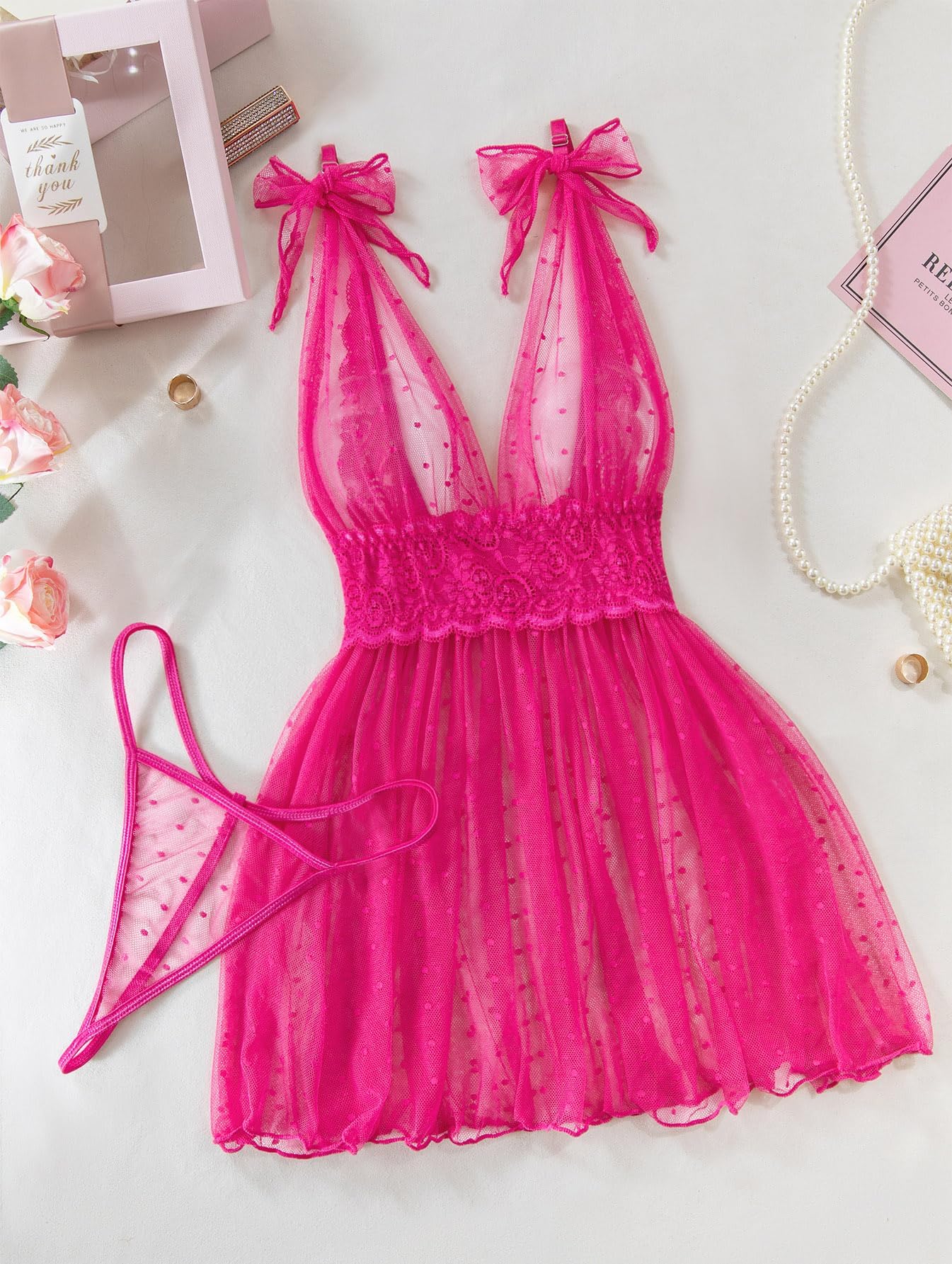 Lilosy Sexy Polka Dots Mesh Sheer Lace Babydoll Chemise Lingerie Set Floral Lace Sleep Wear: Large Neon Hot Pink