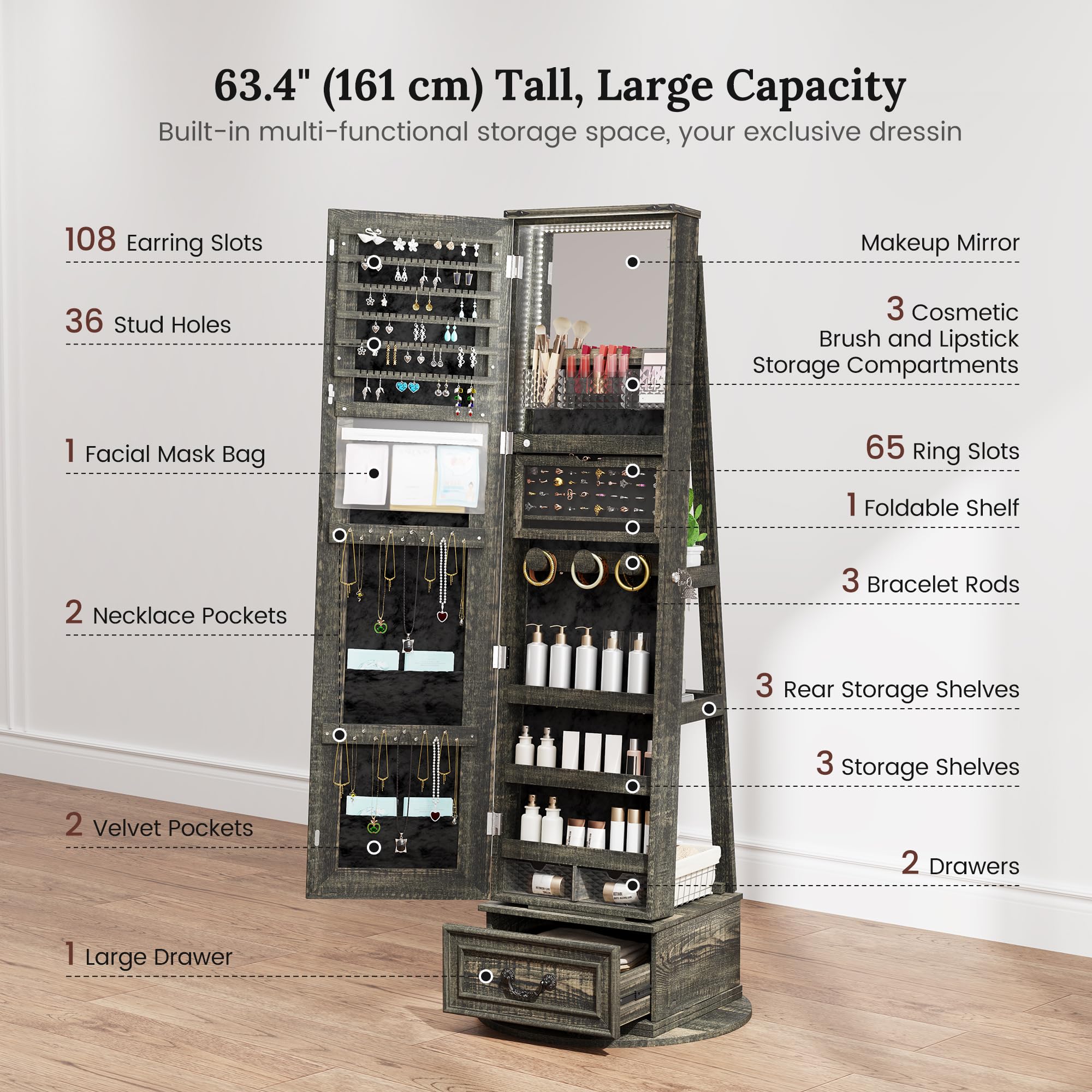 LVSOMT LED Mirror Jewelry Cabinet Standing, 360°Swivel Jewelry Armoire with Full Length Mirror, Mirror with Jewelry Storage and Large Wooden Drawer for Christmas Gifts (): Rustic Grey