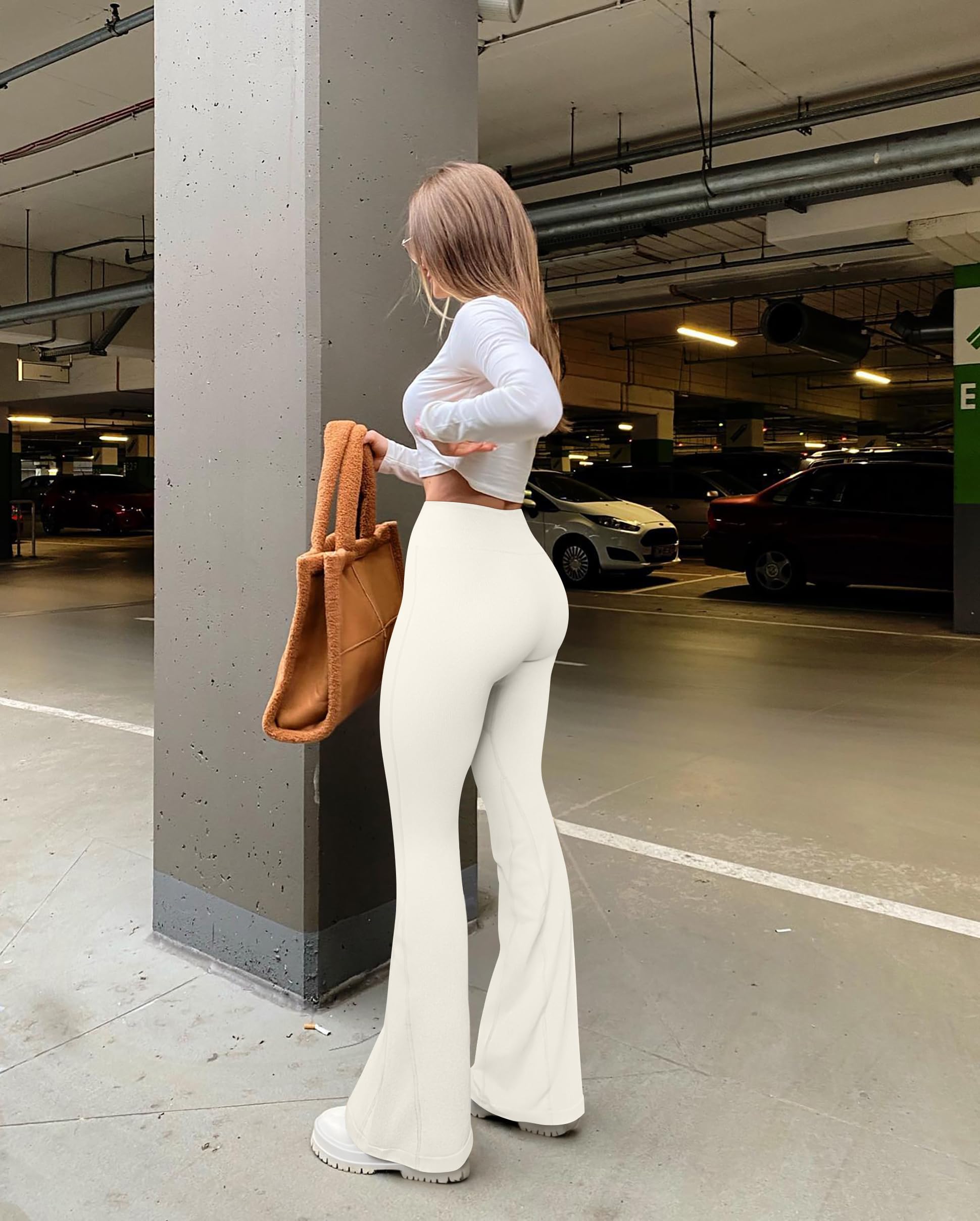 OQQ Women's Flared Pants High Waisted Yoga Leggings Stretchy Bell Buttom Wide Leg