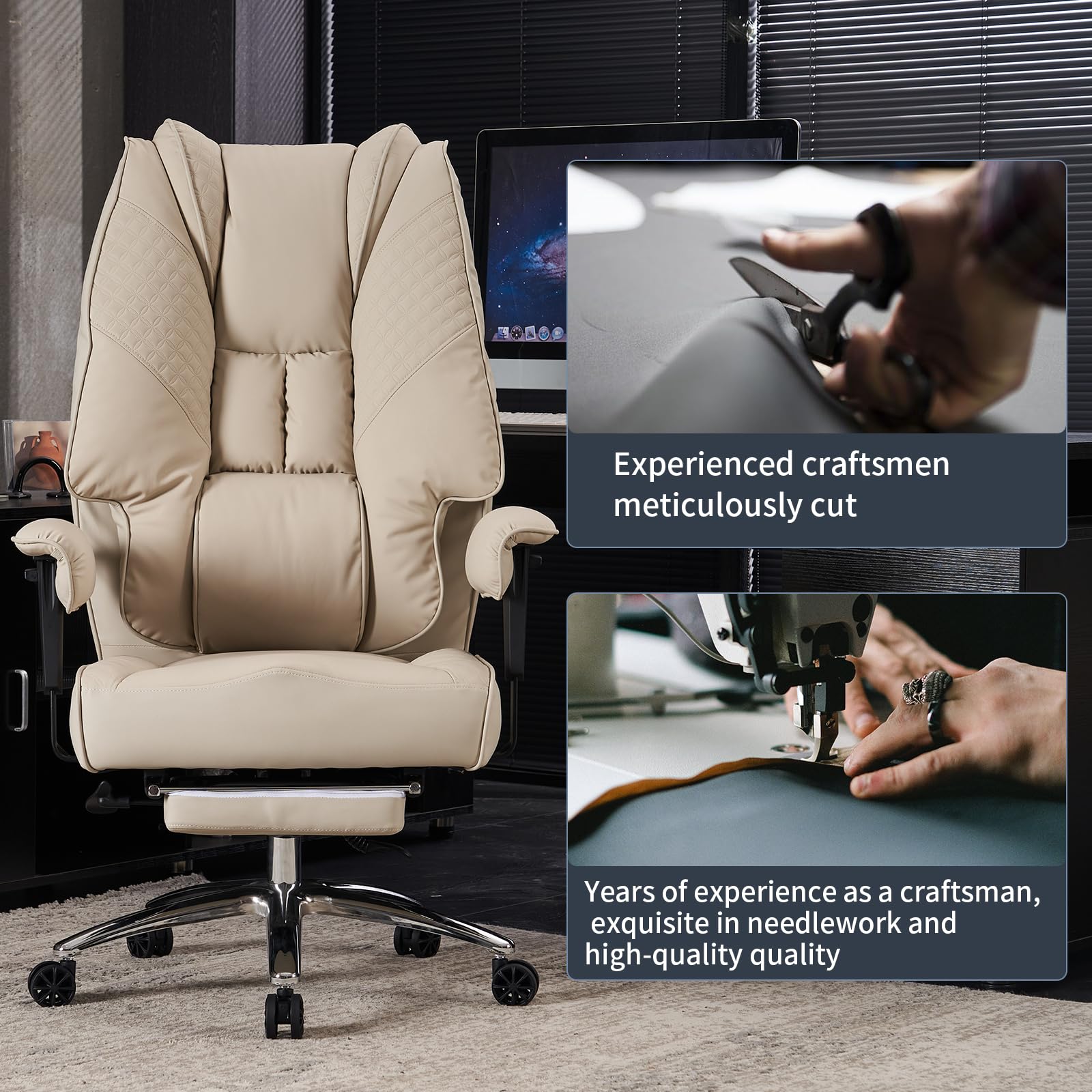 Big and Tall Office Chair 400lbs Wide Seat, Leather High Back Executive Office Chair with Foot Rest, Ergonomic Chairs Lumbar Support for Lower Back Pain Relief (): Beige