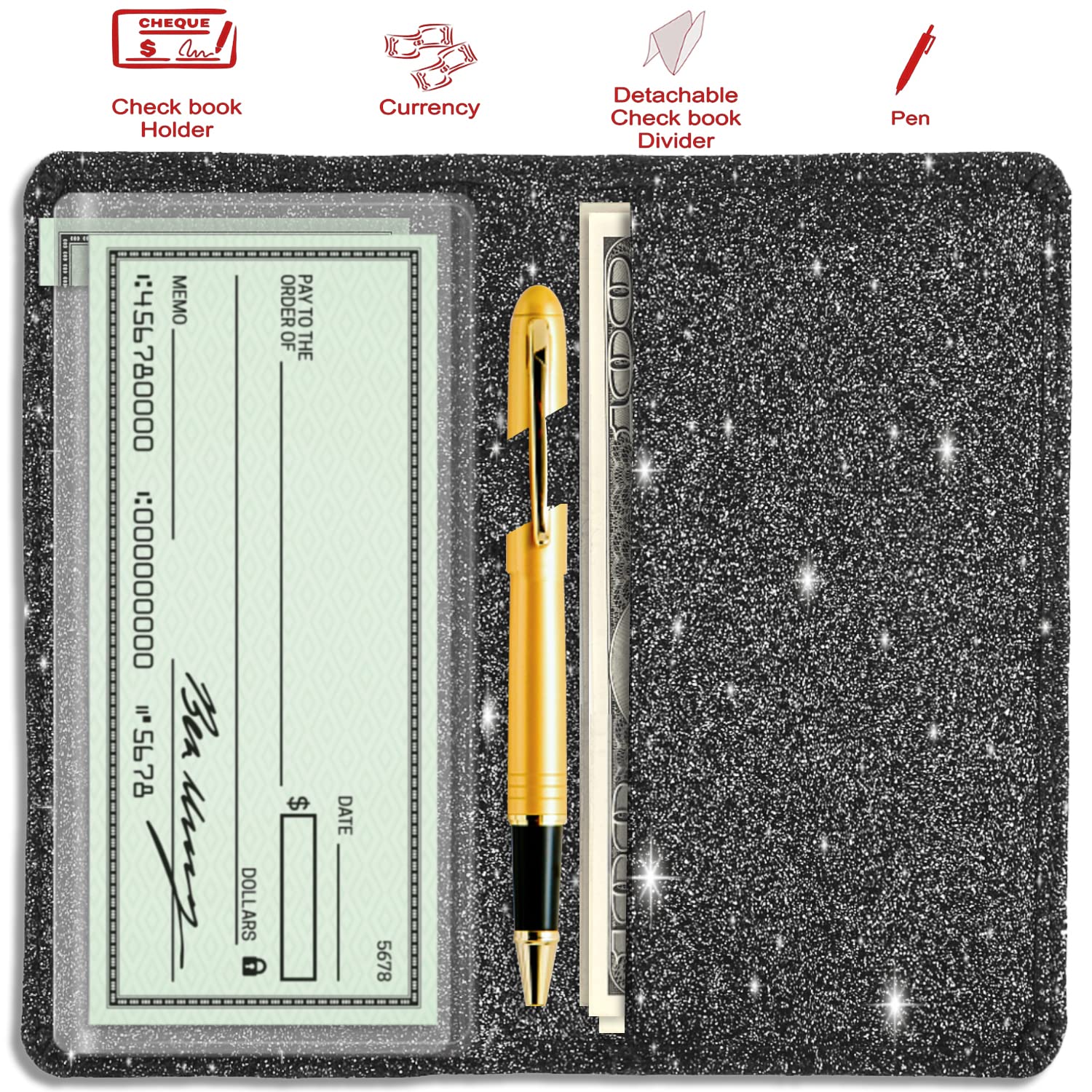 Sanlykate Glitter Checkbook Cover for Girl Women, RFID Blocking PU Leather Standard Register Check Book Case With Pen Inserts & Free Divider, Black: Black Simple Style