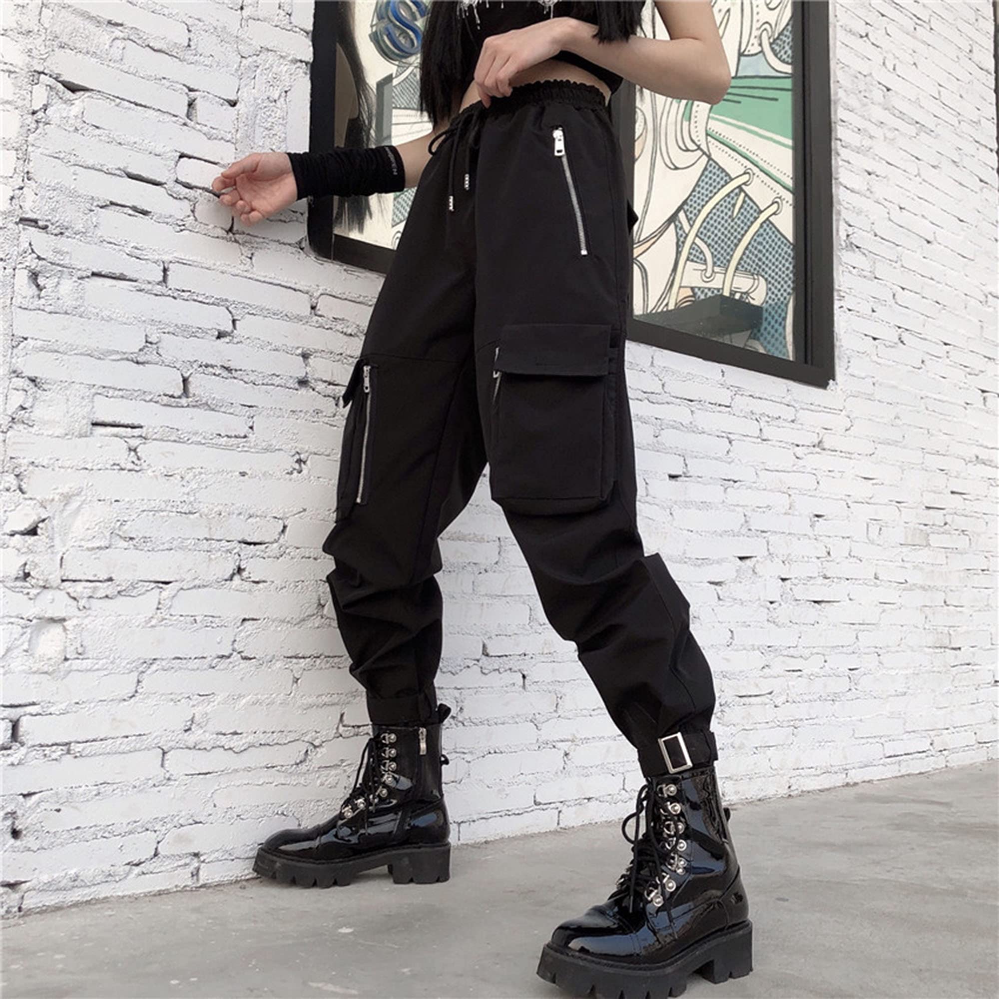 MEINVQIAOTI Black Cargo Pants Women Loose Chained Pants Multi-Pocket Multi-Zip Punk Goth Pants