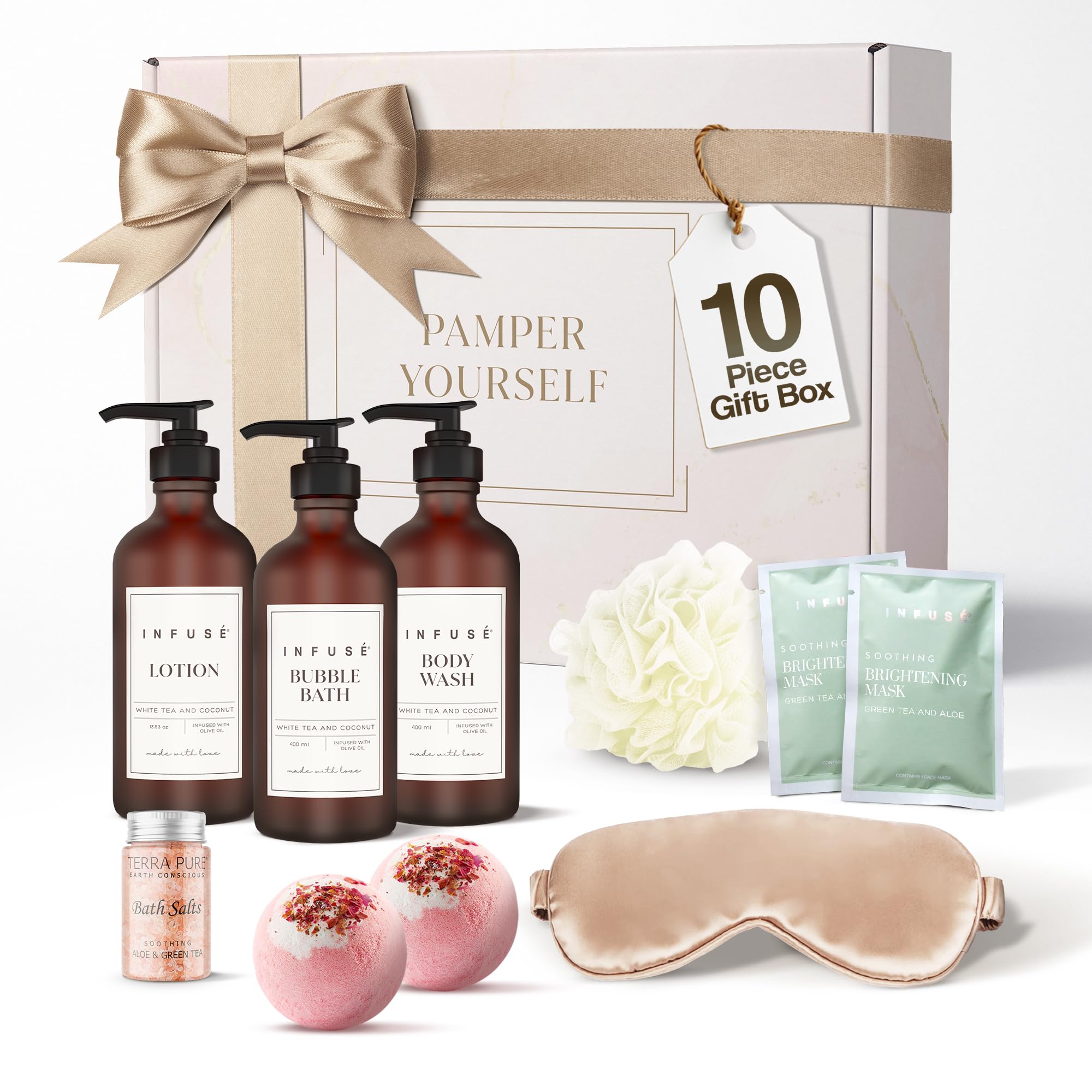 17-Piece Luxury Gift Set with Robe | Complete INFUSÉ White Tea & Coconut Bath Collection | Self-Care Kit with Bath Bombs, Face Masks & Hair Care | Bridesmaid, Mom, Wife, Grandma or Loved Ones