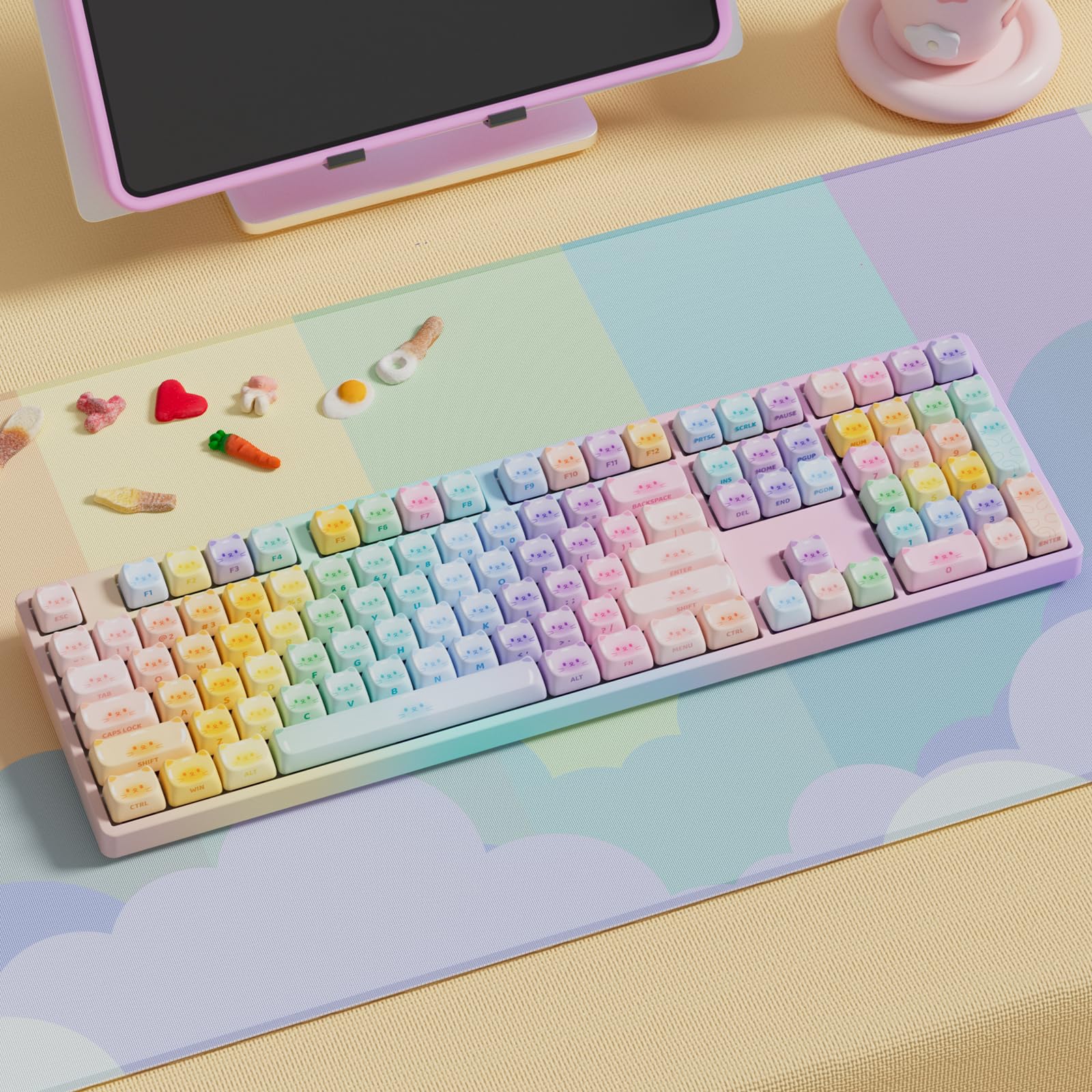 Akko PBT Keycaps Set,  Keycap Mao Profile 142-Key Keycaps for Mechanical Keyboards: Colorful Cats