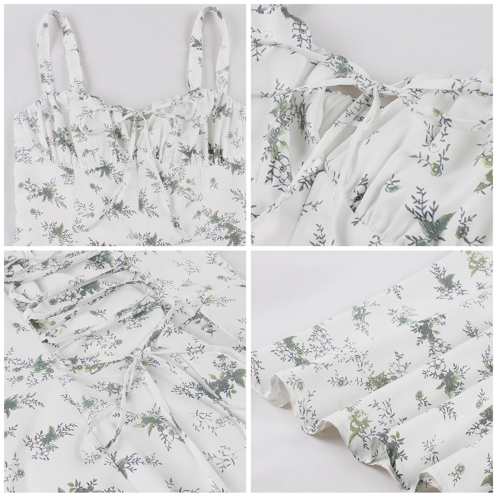 Floral Corset Dress, Formal Cocktail Dresses, Casual Sundress, Split Thigh Spaghetti Strap Vintage Dress: Medium Green Flower