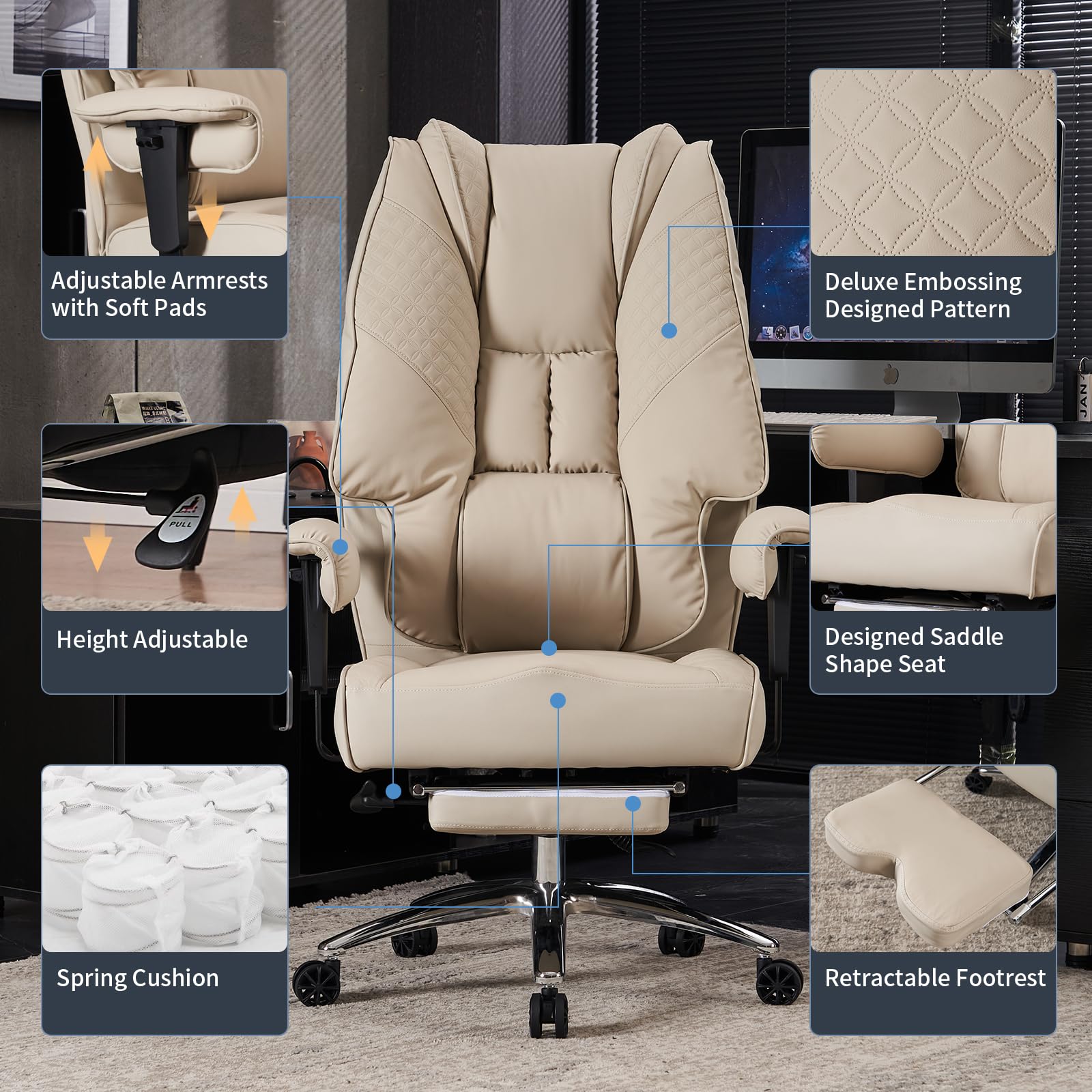 Big and Tall Office Chair 400lbs Wide Seat, Leather High Back Executive Office Chair with Foot Rest, Ergonomic Chairs Lumbar Support for Lower Back Pain Relief (): Beige