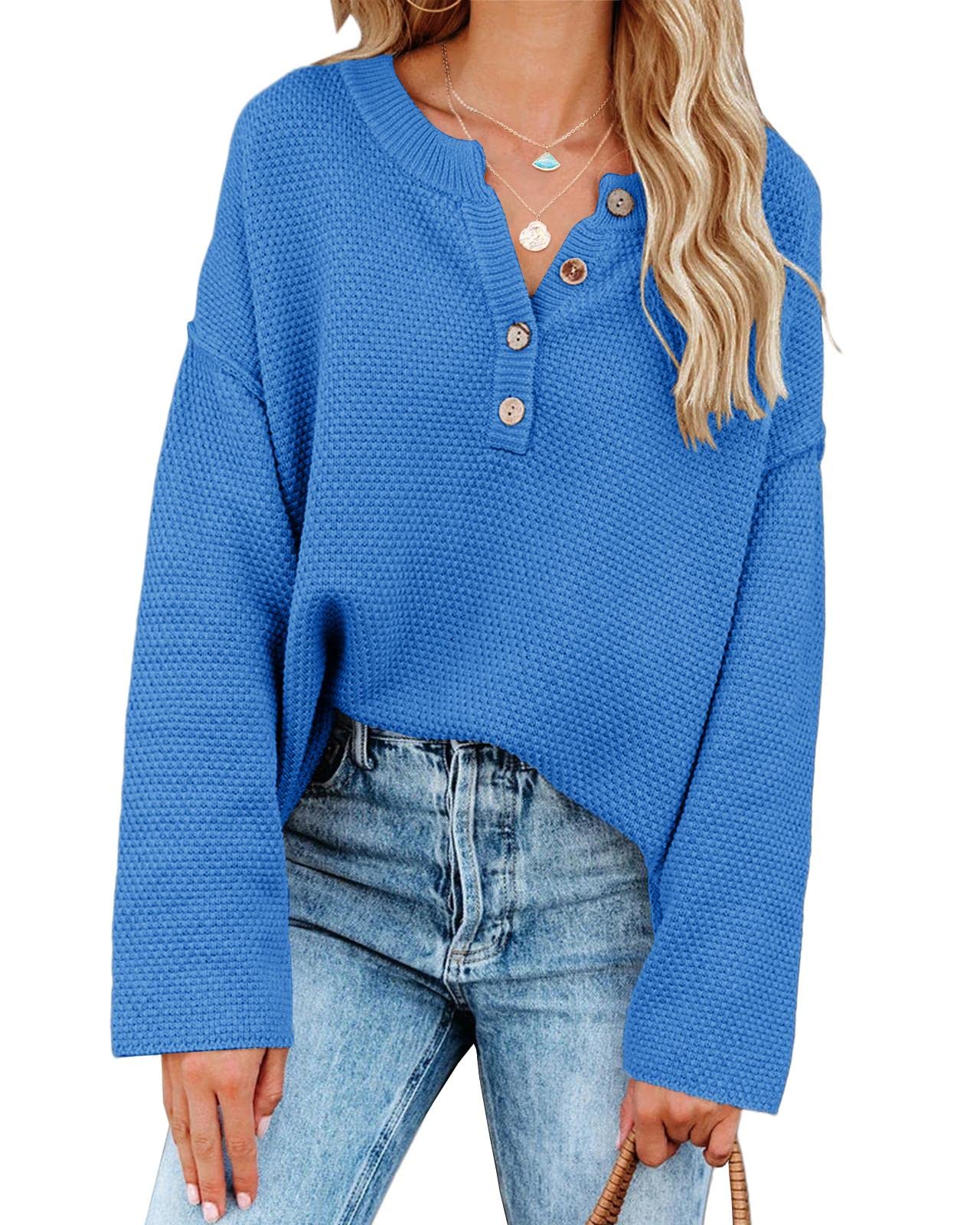 Saodimallsu Women's Oversized Sweaters Batwing Long Sleeve Loose V Neck Button Henley Tops Pullover Knit Jumper thumbnail 4