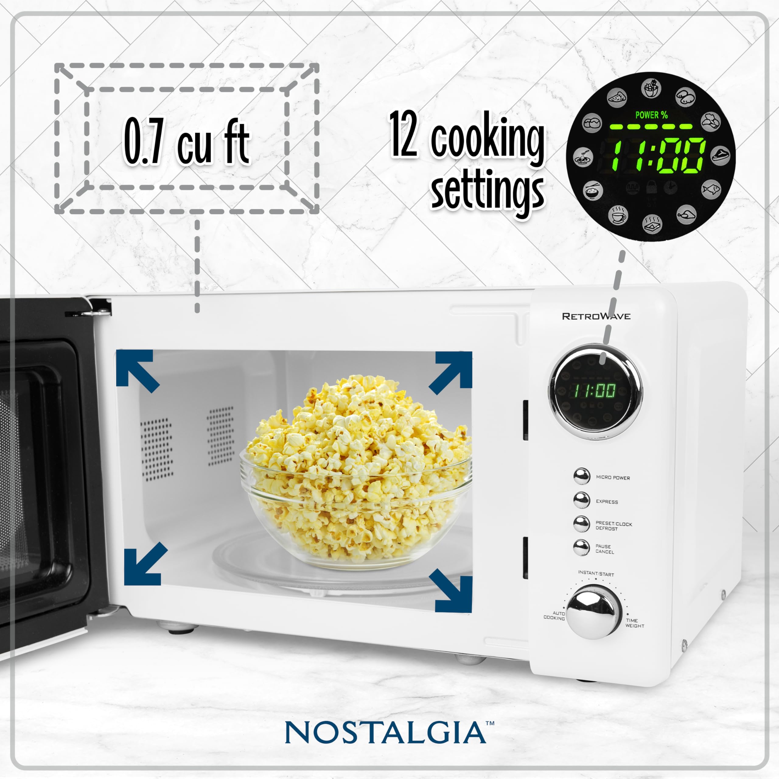 Nostalgia NRMO7YW6A Retro Compact Countertop Microwave Oven, 0.7 Cu. Ft. 700-Watts with LED Digital Display, Child Lock, Easy Clean Interior, Yellow: Retro Classic 0.7 Cu. Ft. White