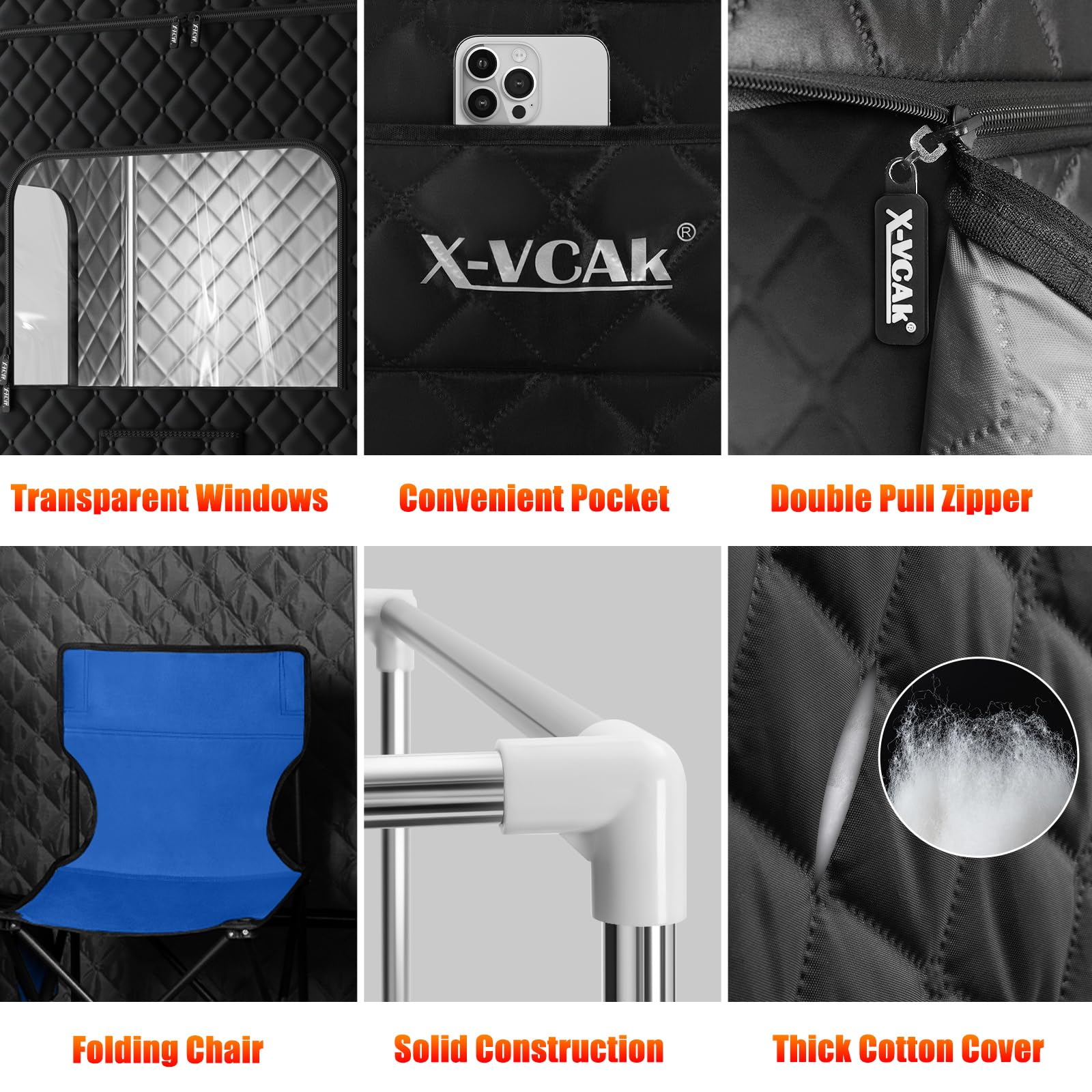 X-Vcak 2 Person Sauna, Extra Large Sauna Box, Portable Steam Sauna Tent with 2 Steamers, 2 Folding Chair, 71”x 49”x 36”, Black thumbnail 4