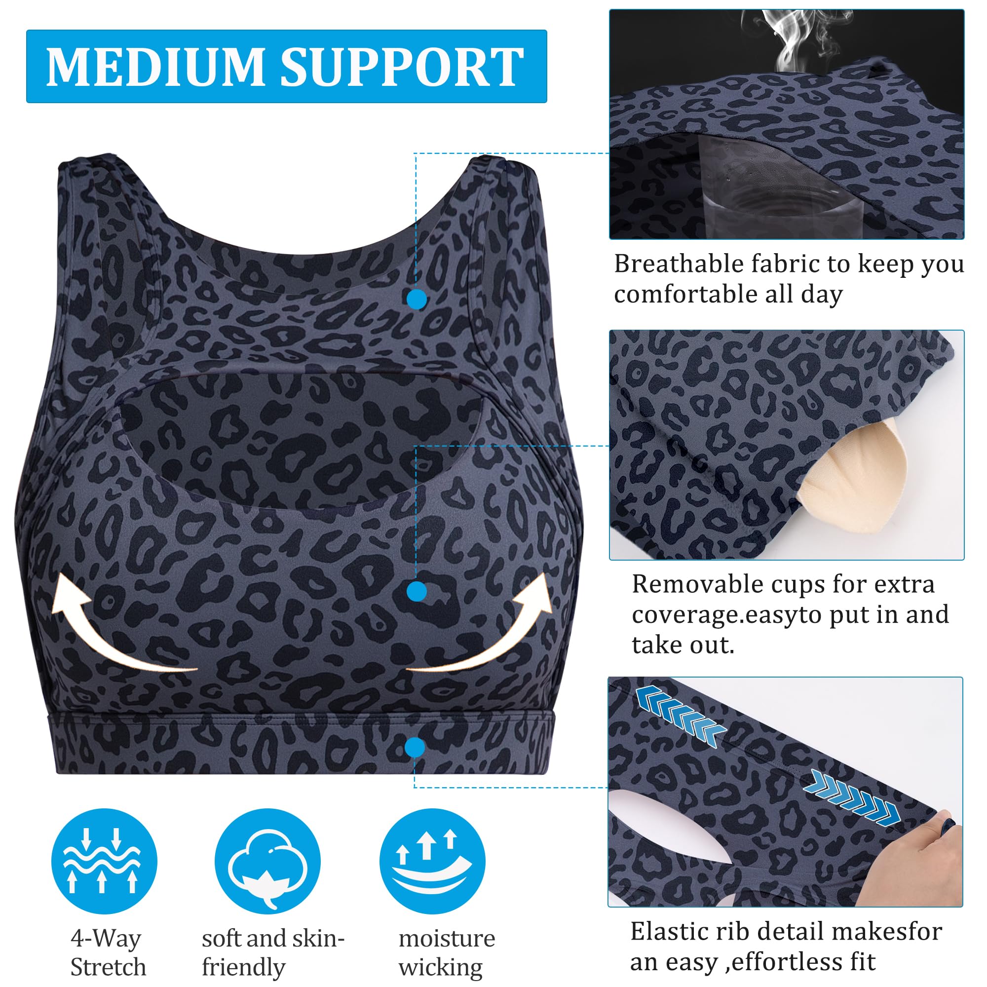 Betaven Push up Sports Bra for Women Sexy Hollow Crop Tops with Removable Cups Workout Fitness Yoga Bra Medium Support: Large Black Leopard Print