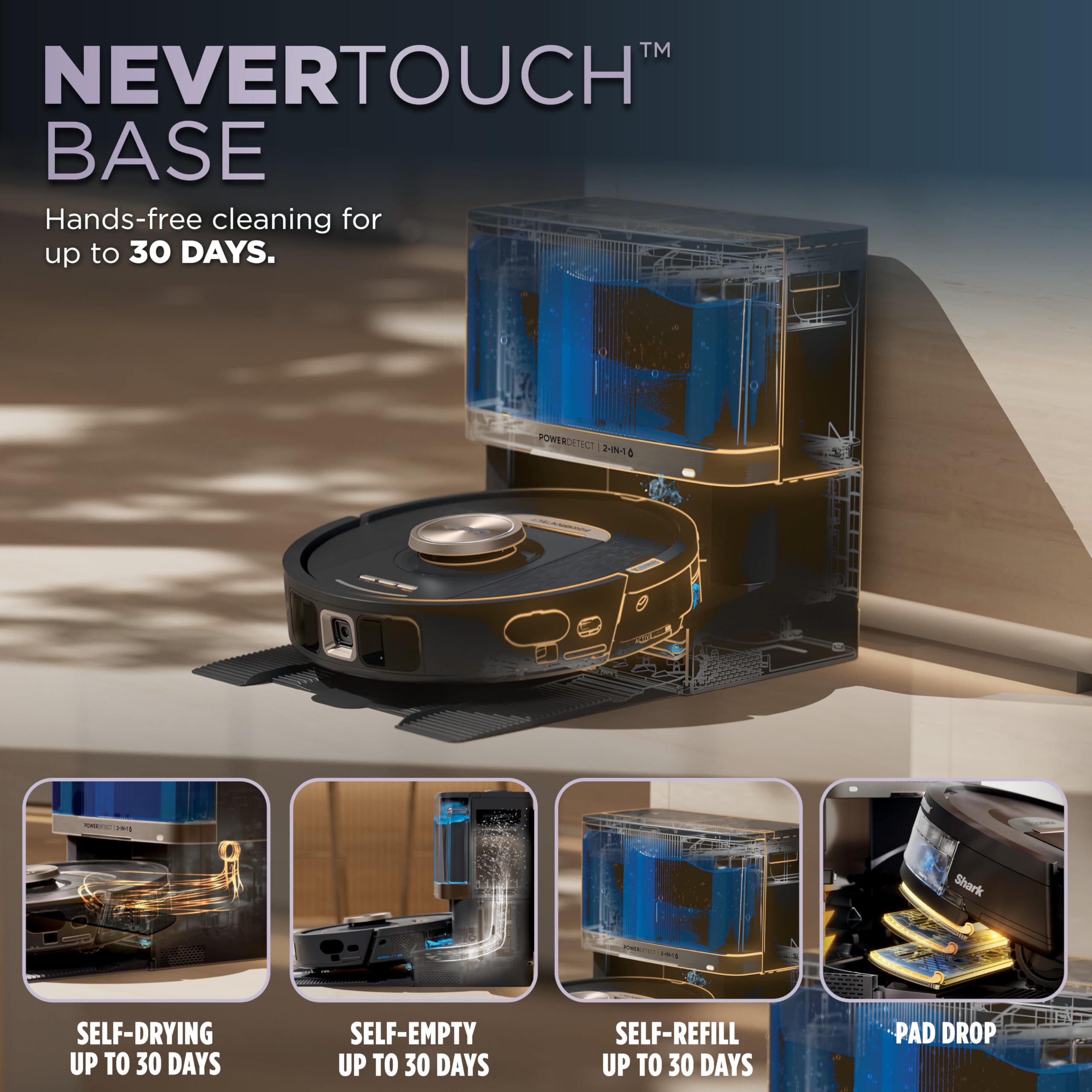 Shark Robot Vacuum & Mop Combo, PowerDetect NeverTouch Pro,Self-Emptying,Self-Refill with Self-Clean Pad Wash & Dry, 60-Day Debris Capacity,30-Day Refill Tank, 5PowerDetect Technologies,White,AV2800ZE: Shark PowerDetect NeverTouch, Self-Empty & Self-Refill, Robot Vacuum and Mop with Bagless, 30-Day Debris Capacity HEPA Base, 30-Day Capacity Refill Tank, Pad Dry, Black, AV2810YS