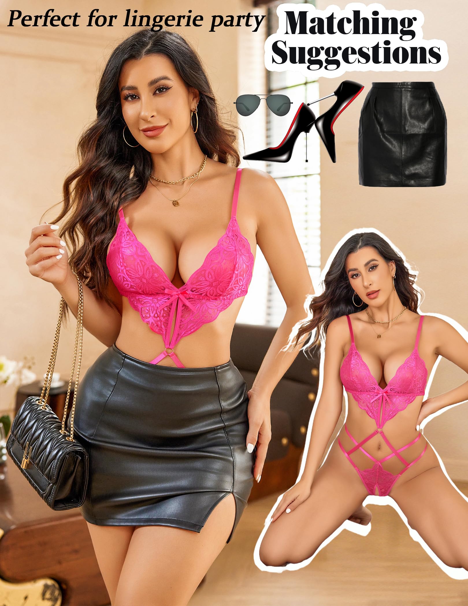 Avidlove Women Lingeries Deep V Teddy Lingerie Sexy Lace Bodysuit Cut Out One Piece Mini Babydoll thumbnail 5