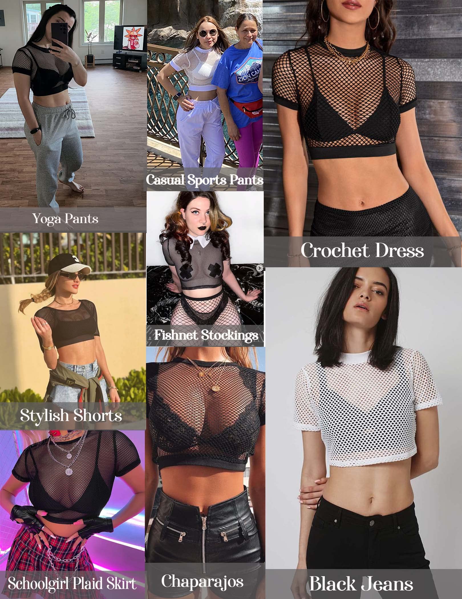 Avidlove Fishnet Crop Top for Women Y2K Short Sleeve See Through Shirt O Neck Pullover Blouse: Short Sleeve Medium Black-short Sleeve