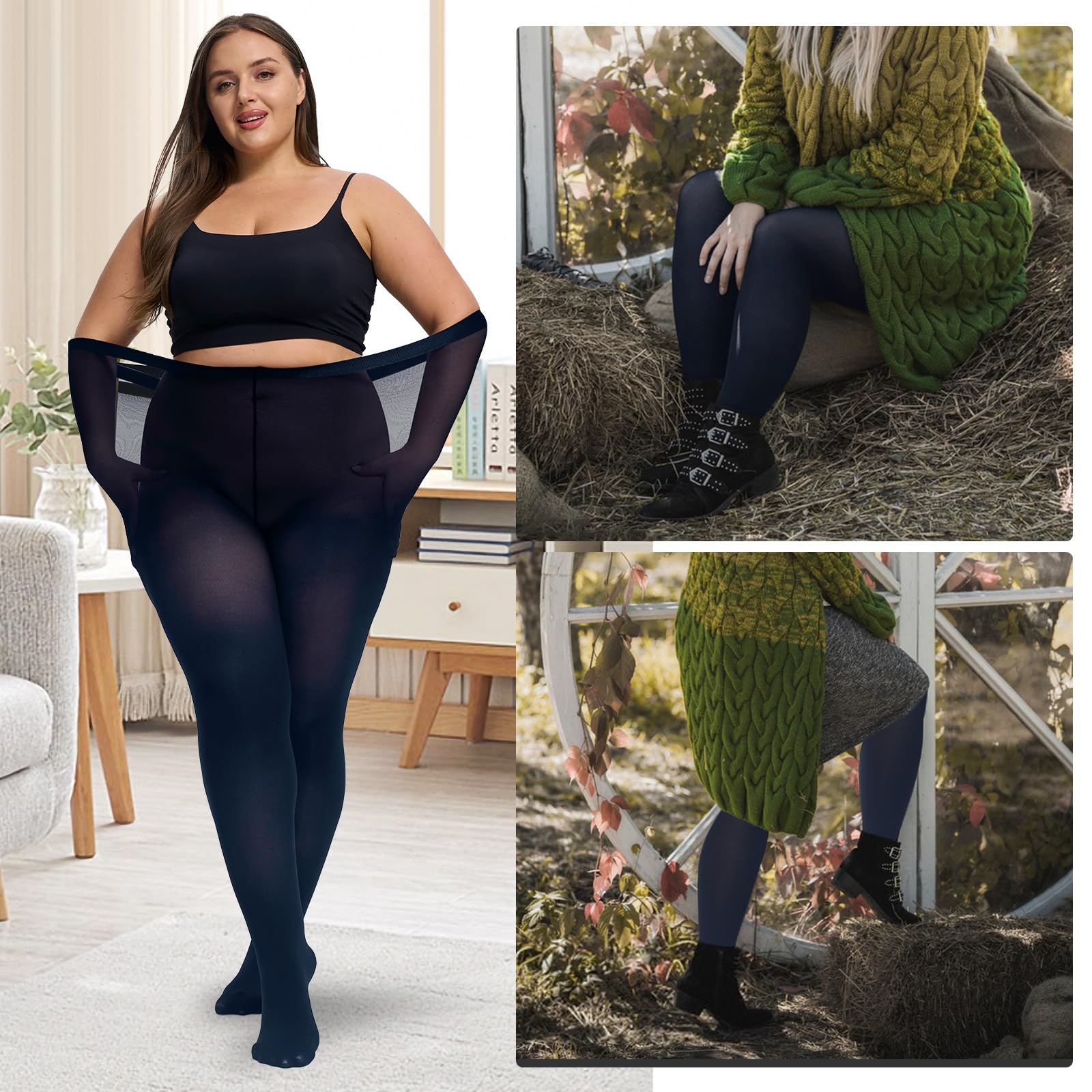 UISLII Plus Size Tights for Women,2 pairs 80D Semi Opaque Tights women,Solid Color Soft High Waist Stockings Size Up to 6XL.: Dark Blue 3X-Large-4X-Large