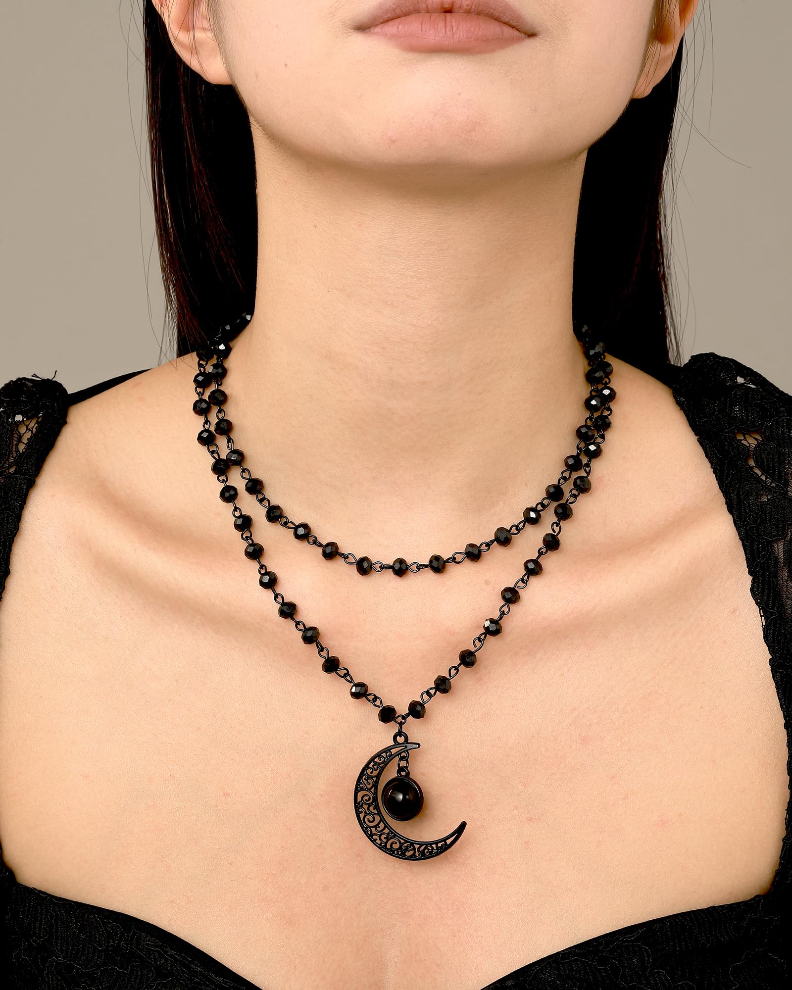 Balirek Gothic  Necklaces Moon Cross Necklaces Black Crystal Chain Halloween Black Pendant Choker Halloween Jewelry for Woman: Moon