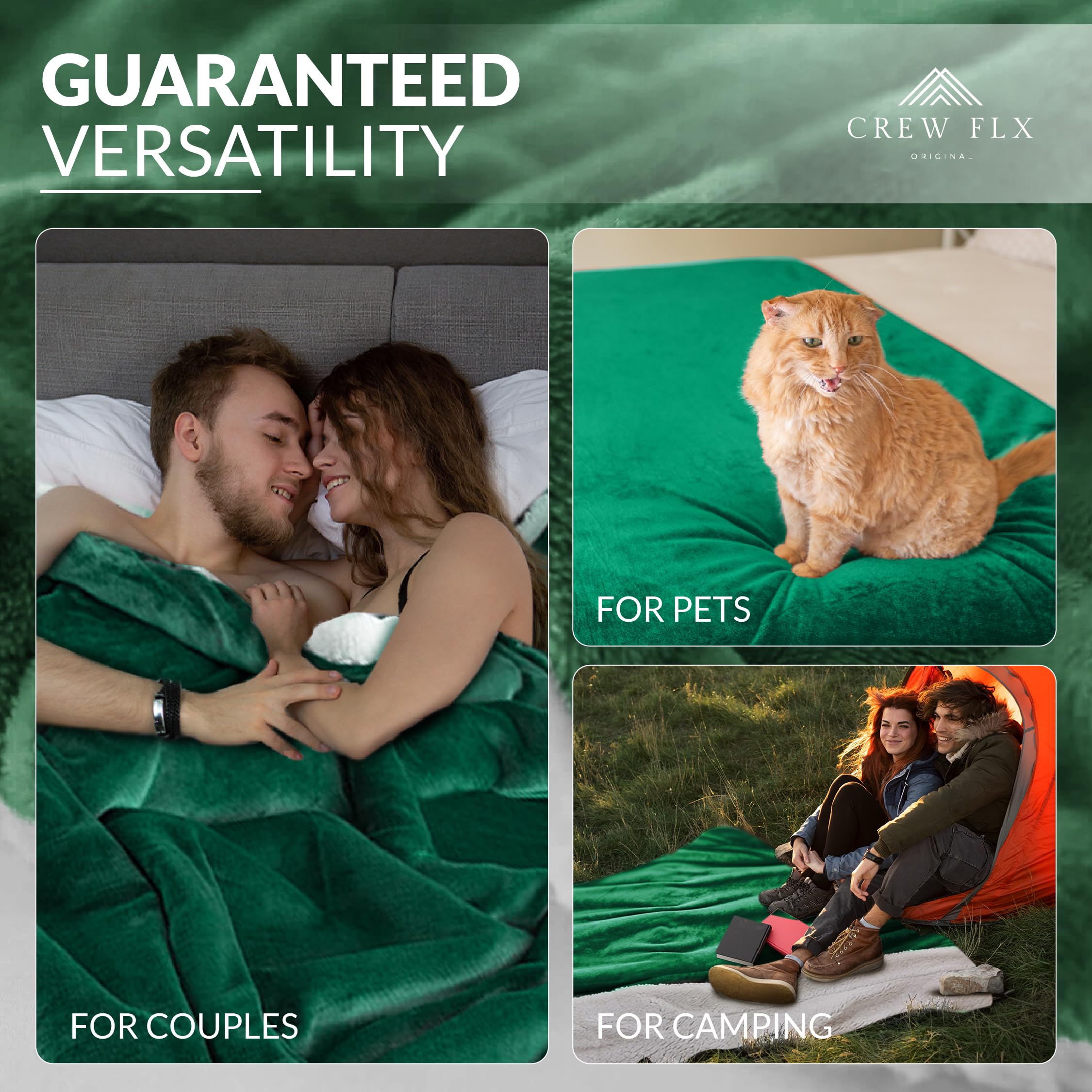 CREW FLX Couples Blanket Waterproof, 3 Layer Lightweight and Stain Proof Couples Blanket Water Proof & Dogs, Blankets Waterproof - Sherpa Cover with Carry Bag, Machine Washable (Gray, 80x60): Green 80 x 60 inch