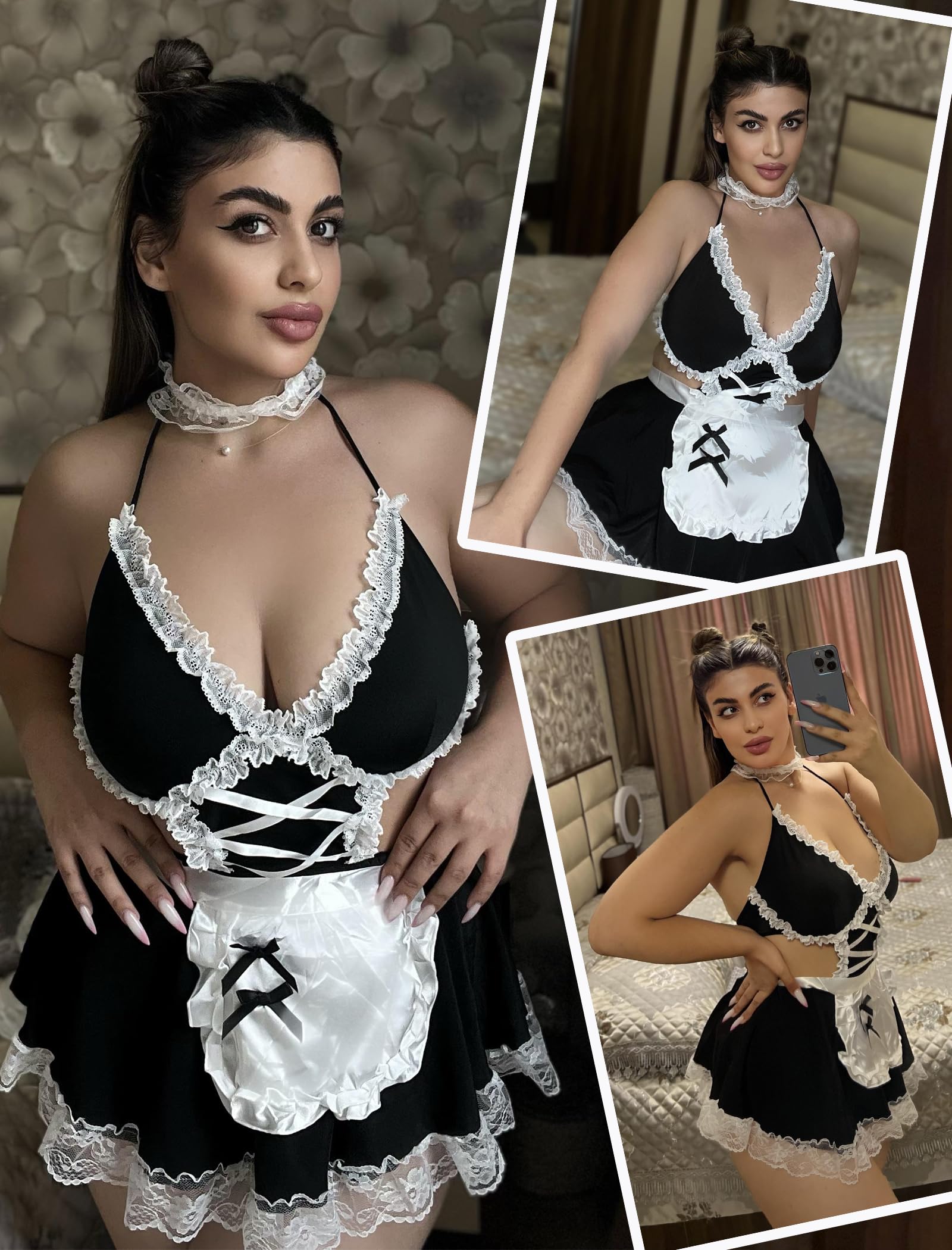 Avidlove Sexy Lingerie for Women Cosplay Costumes Lingerie Set Lace Maid Outfit: Black Large